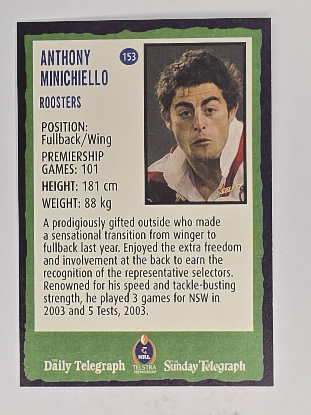NRL 2004 Daily Telegraph | Base Card #153 | Anthony Minichiello | Sydney Roosters