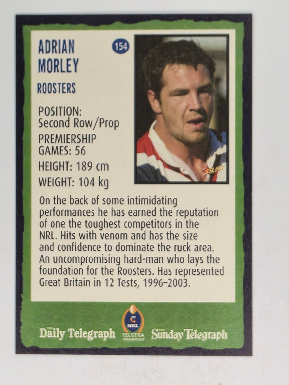 NRL 2004 Daily Telegraph | Base Card #154 | Adrian Morley | Sydney Roosters