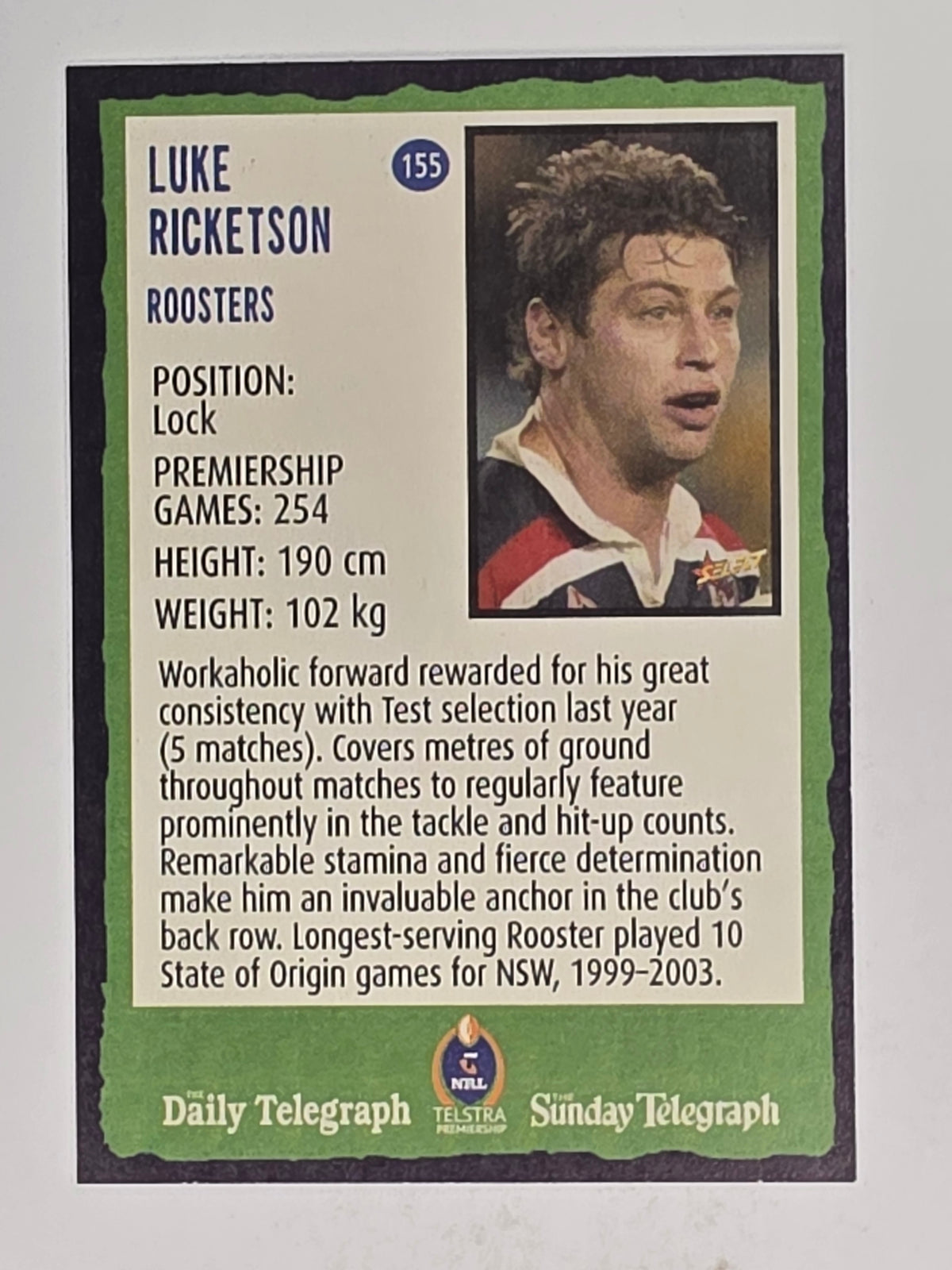 NRL 2004 Daily Telegraph | Base Card #155 | Luke Ricketson | Sydney Roosters