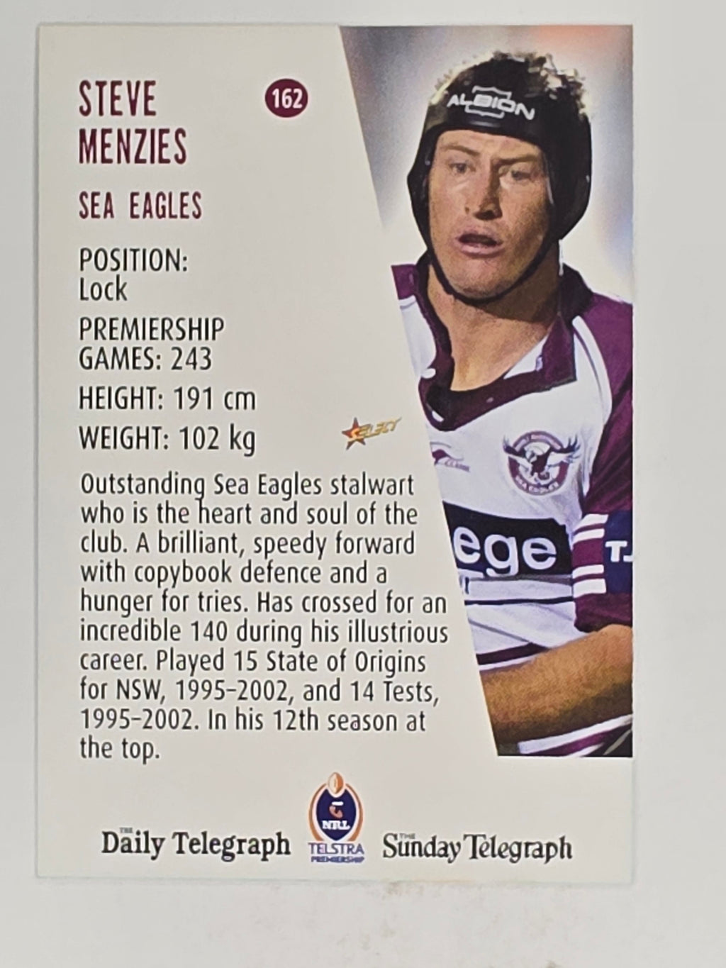 NRL 2004 Daily Telegraph | Base Card #162 | Steve Menzies | Sea Eagles
