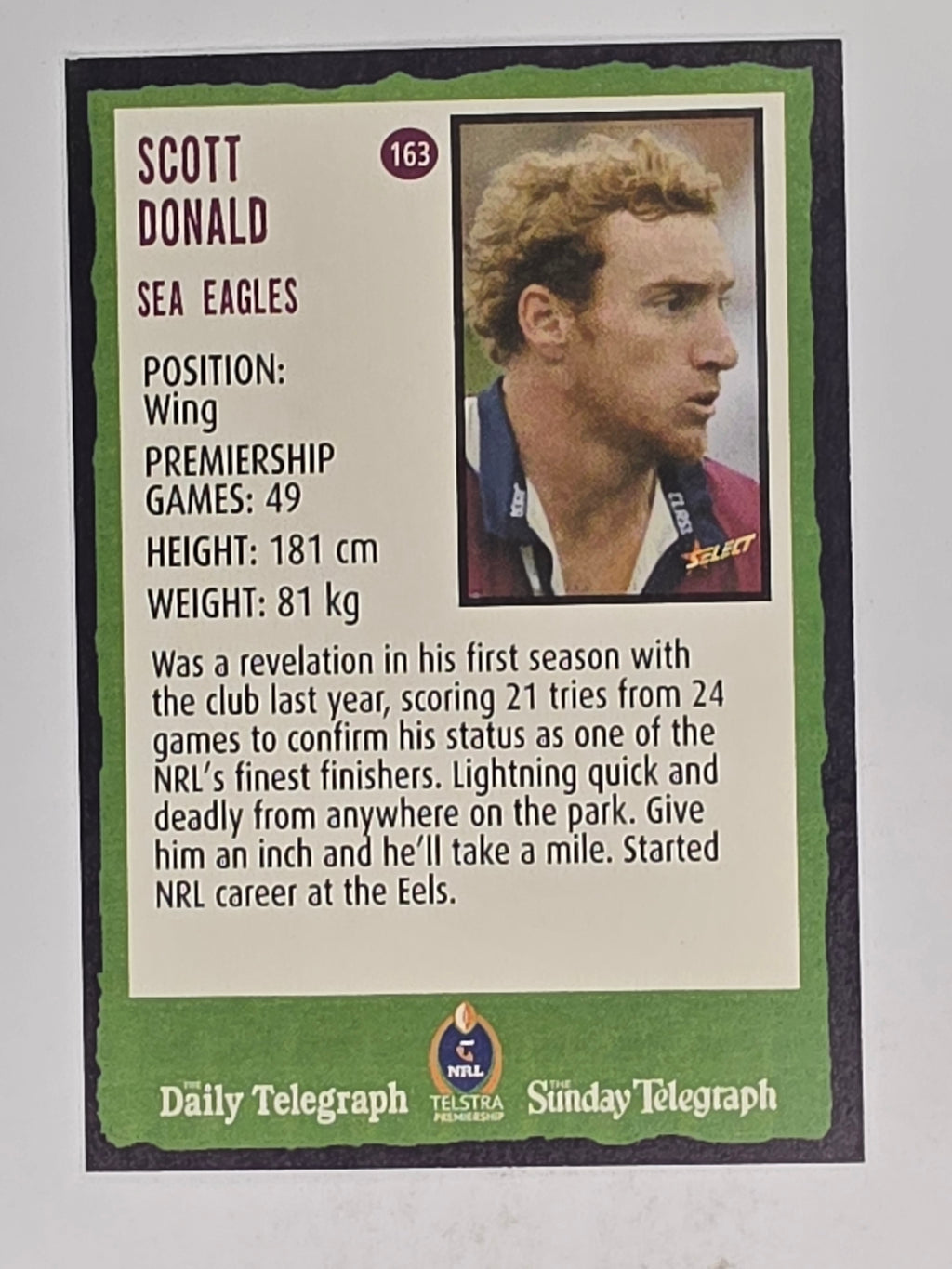 NRL 2004 Daily Telegraph | Base Card #163 | Scott Donald | Sea Eagles