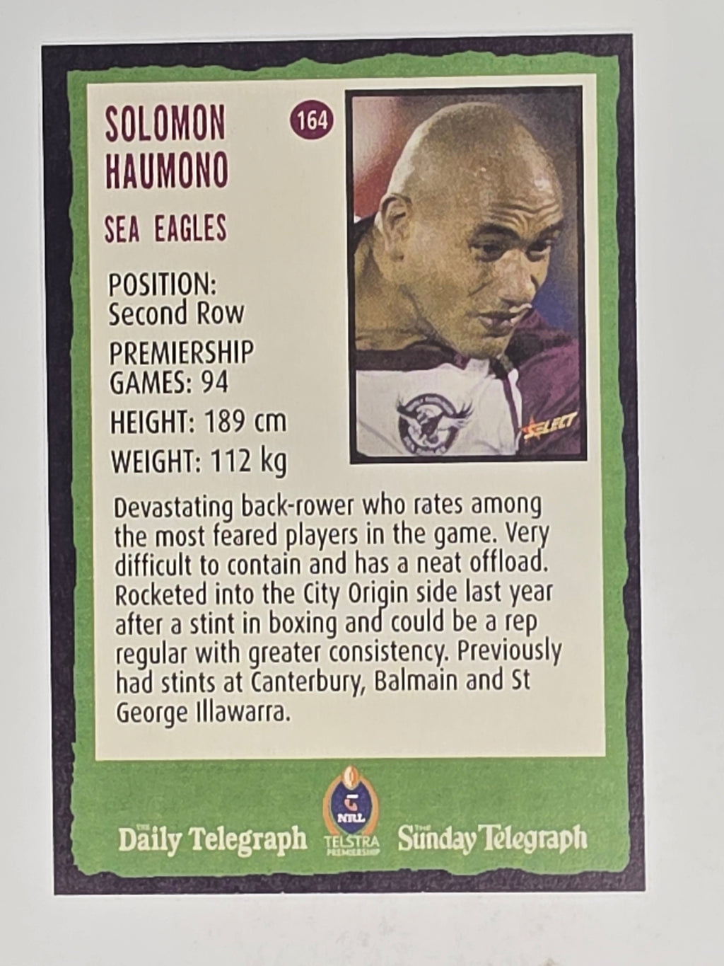 NRL 2004 Daily Telegraph | Base Card #164 | Solomon Haumono | Sea Eagles