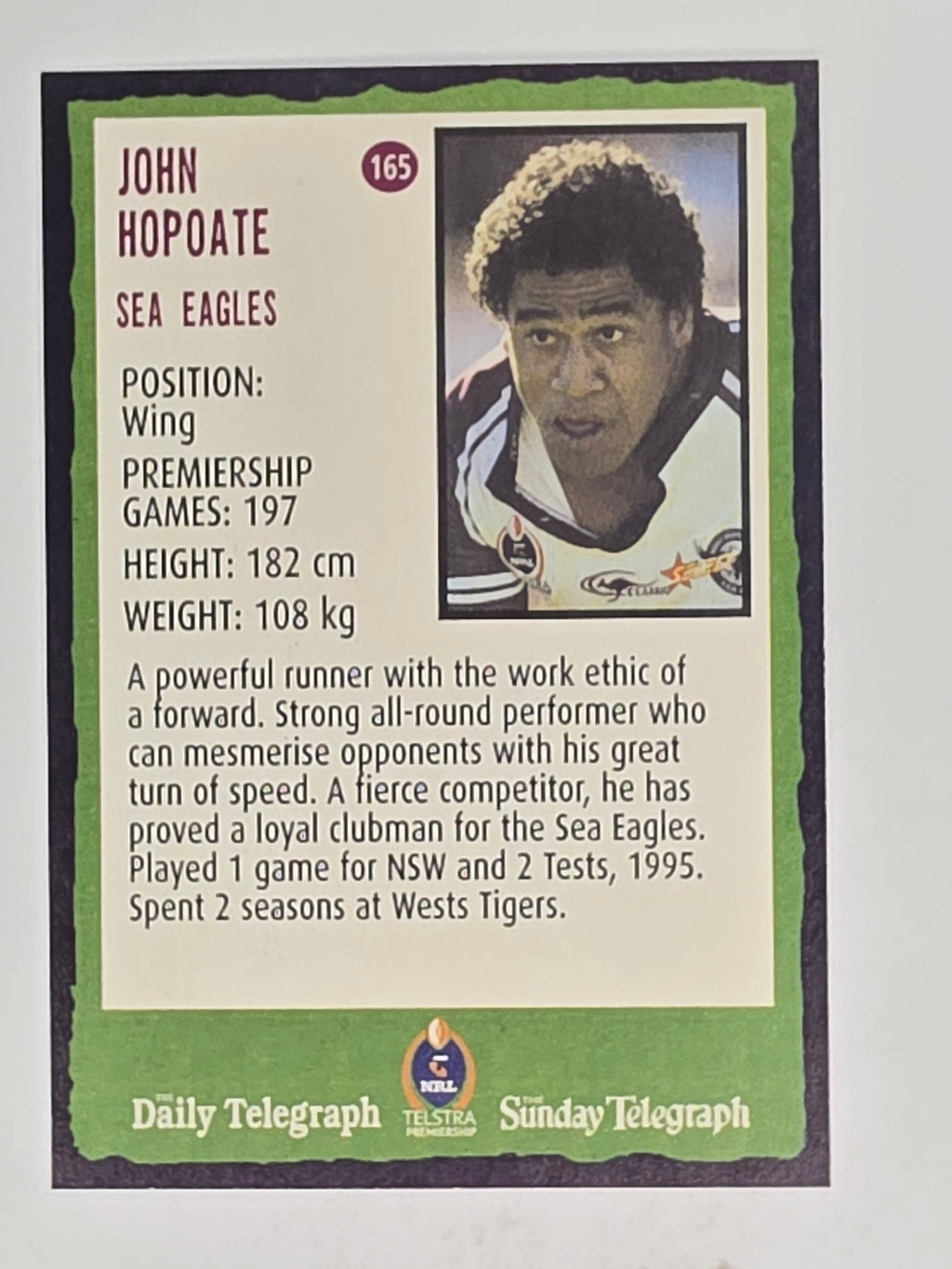 NRL 2004 Daily Telegraph | Base Card #165 | John Hopoate | Sea Eagles