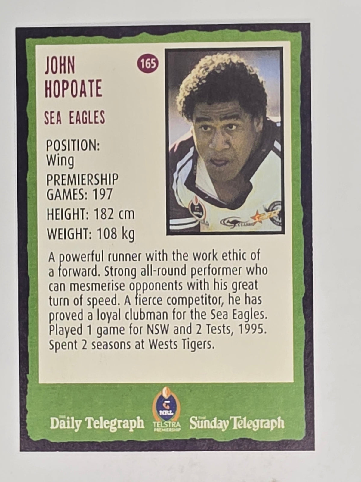 NRL 2004 Daily Telegraph | Base Card #165 | John Hopoate | Sea Eagles