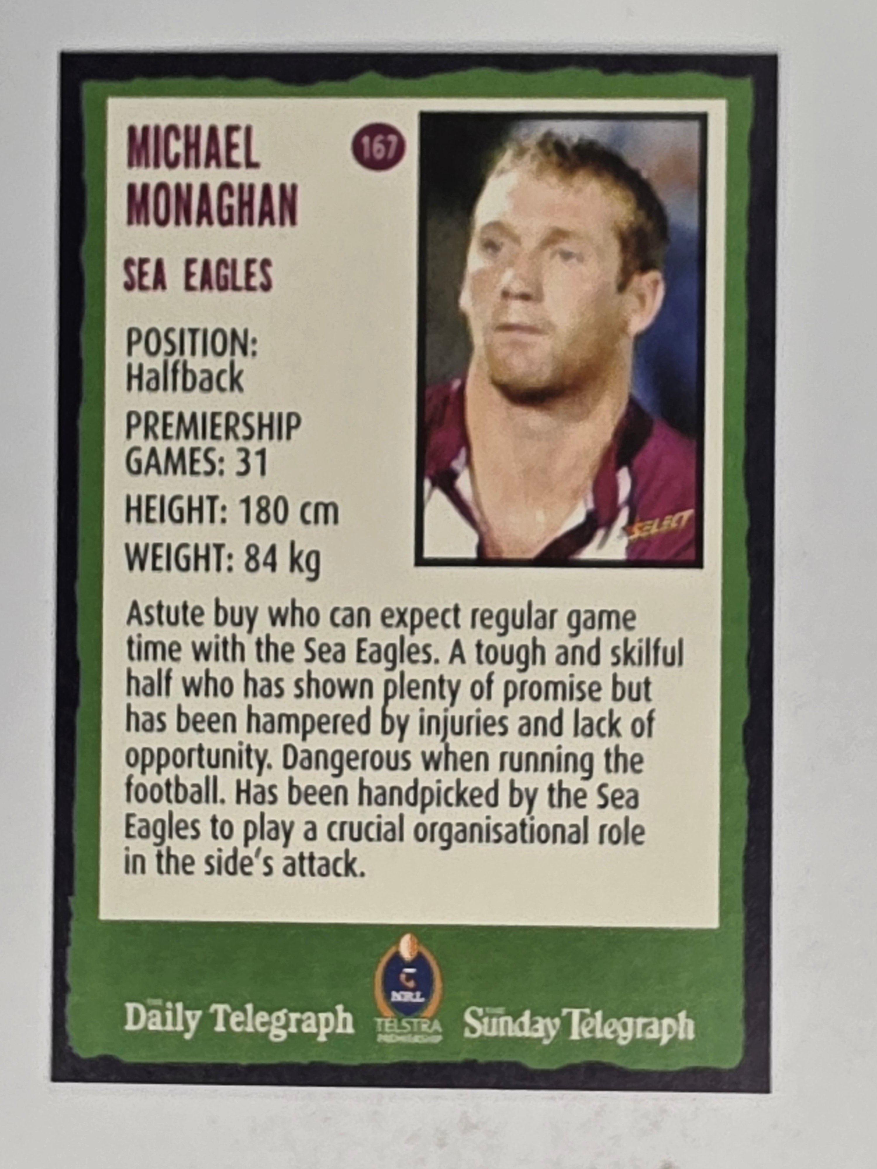 NRL 2004 Daily Telegraph | Base Card #167 | Michael Monaghan | Sea Eagles
