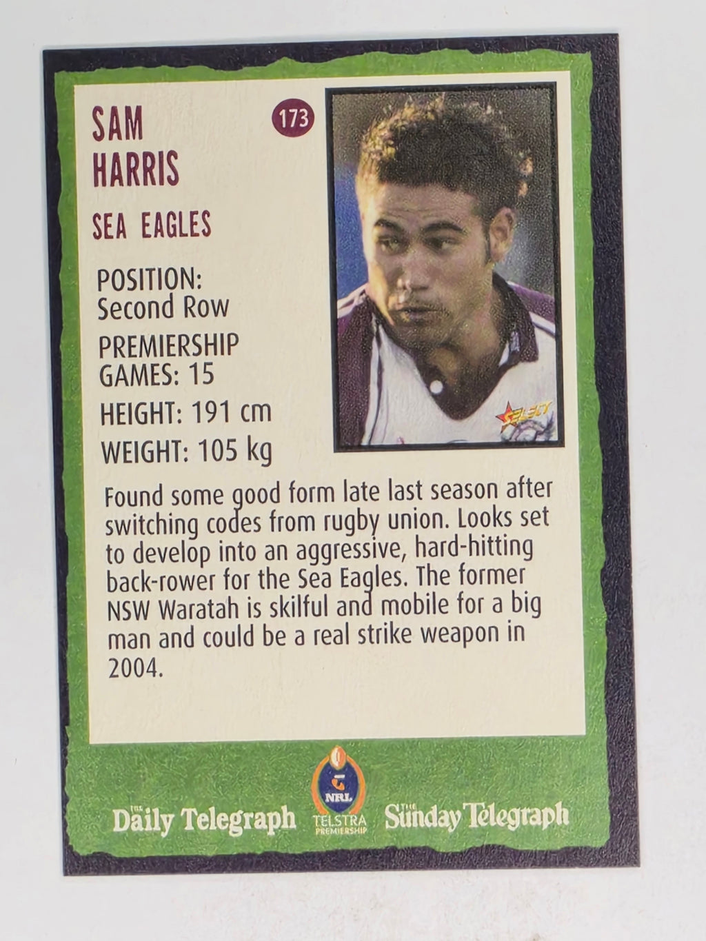 NRL 2004 Daily Telegraph | Base Card #173 | Sam Harris | Sea Eagles