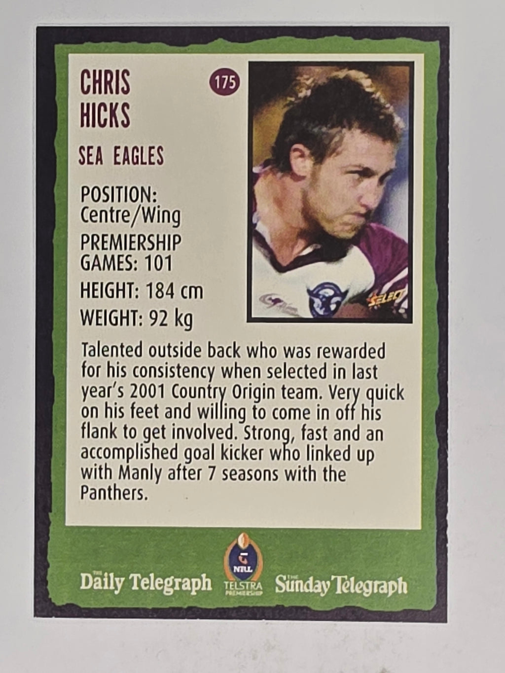 NRL 2004 Daily Telegraph | Base Card #175 | Chris Hicks | Sea Eagles