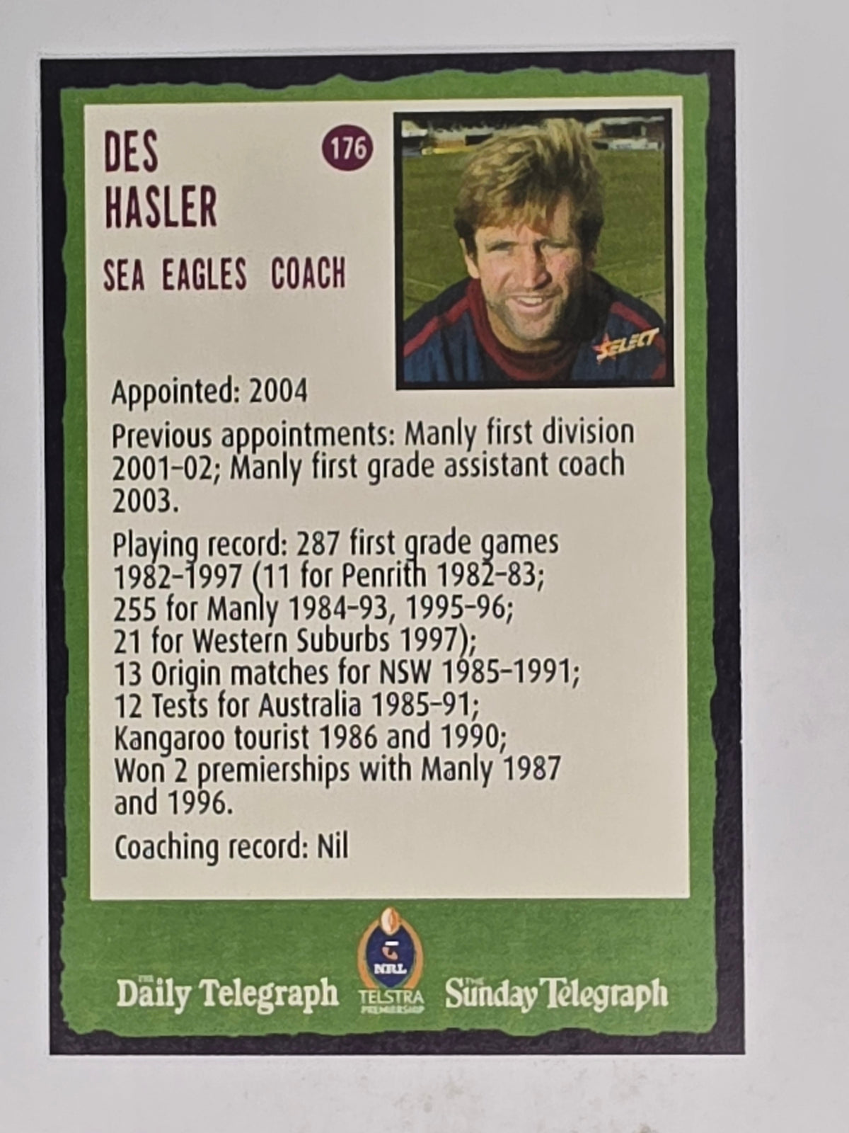 NRL 2004 Daily Telegraph | Base Card #176 | Des Hasler | Sea Eagles