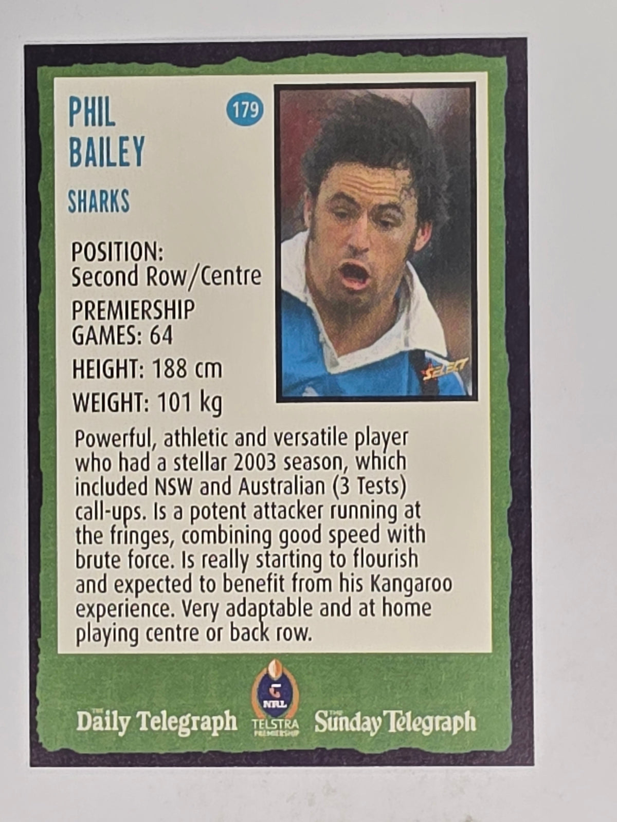 NRL 2004 Daily Telegraph | Base Card #179 | Phil Bailey | Cronulla Sharks