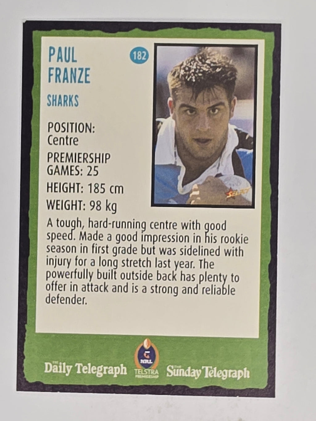 NRL 2004 Daily Telegraph | Base Card #182 | Paul Franze | Cronulla Sharks