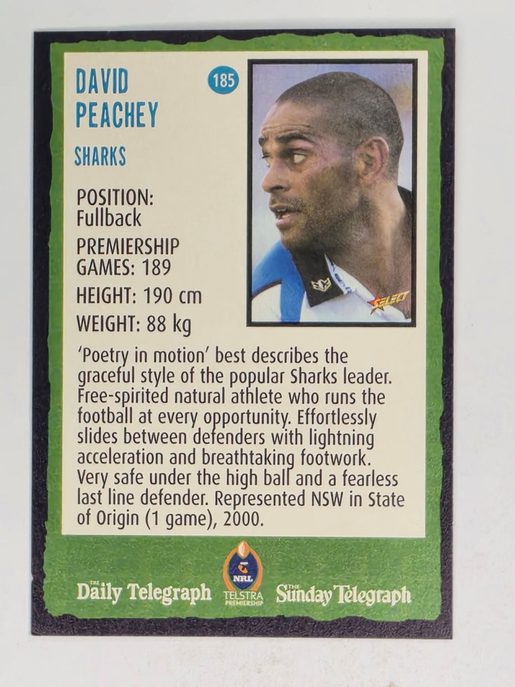 NRL 2004 Daily Telegraph | Base Card #185 | David Peachey | Cronulla Sharks