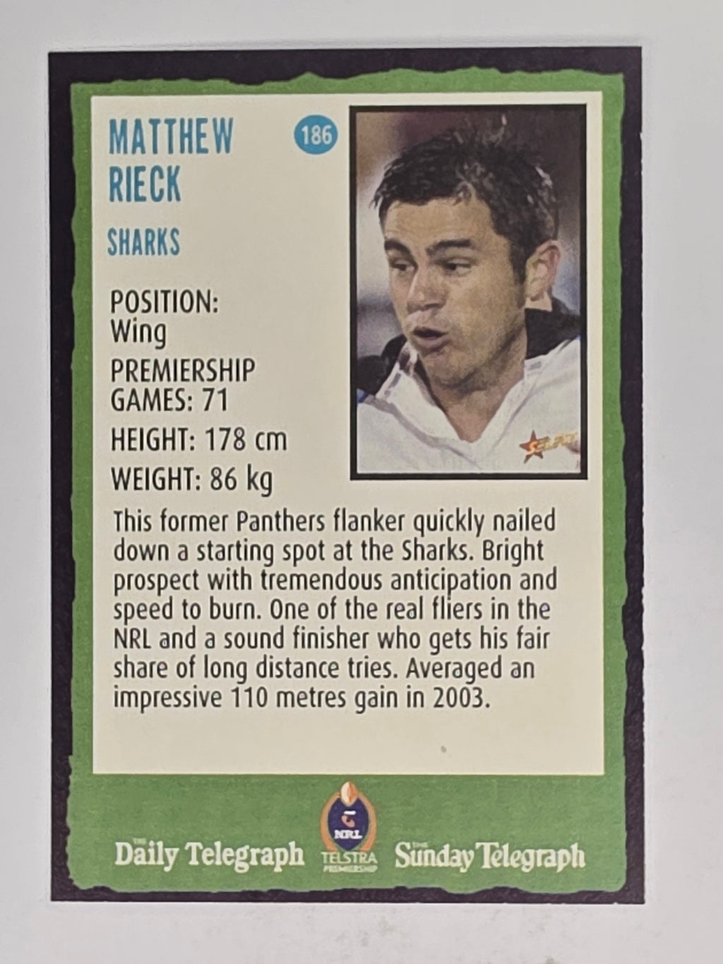 NRL 2004 Daily Telegraph | Base Card #186 | Matthew Rieck | Cronulla Sharks