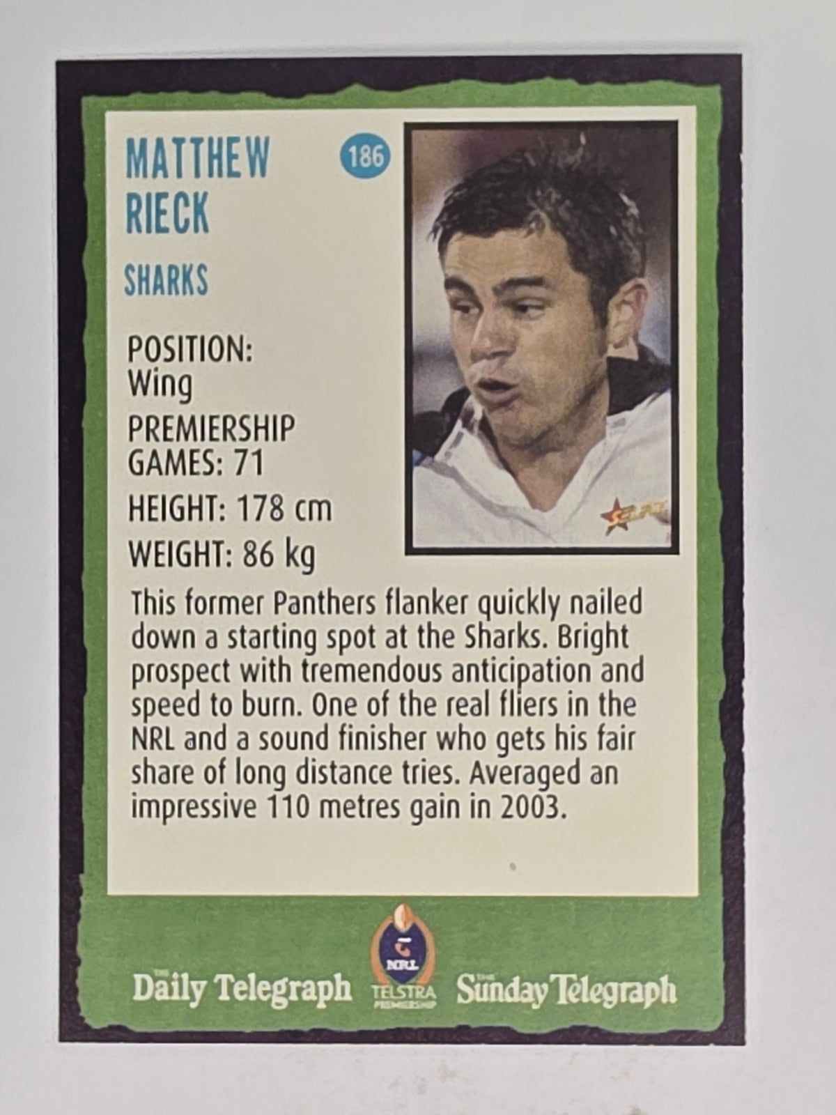 NRL 2004 Daily Telegraph | Base Card #186 | Matthew Rieck | Cronulla Sharks