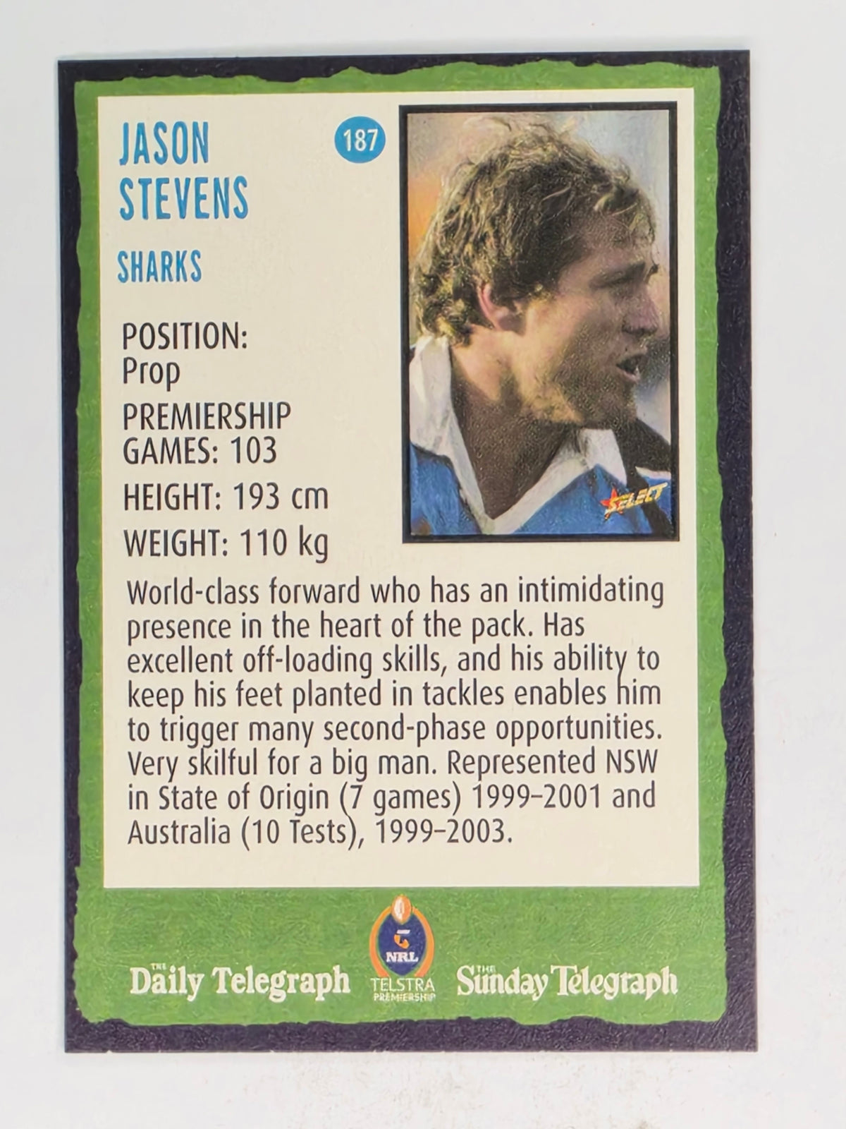 NRL 2004 Daily Telegraph | Base Card #187 | Jason Stevens | Cronulla Sharks