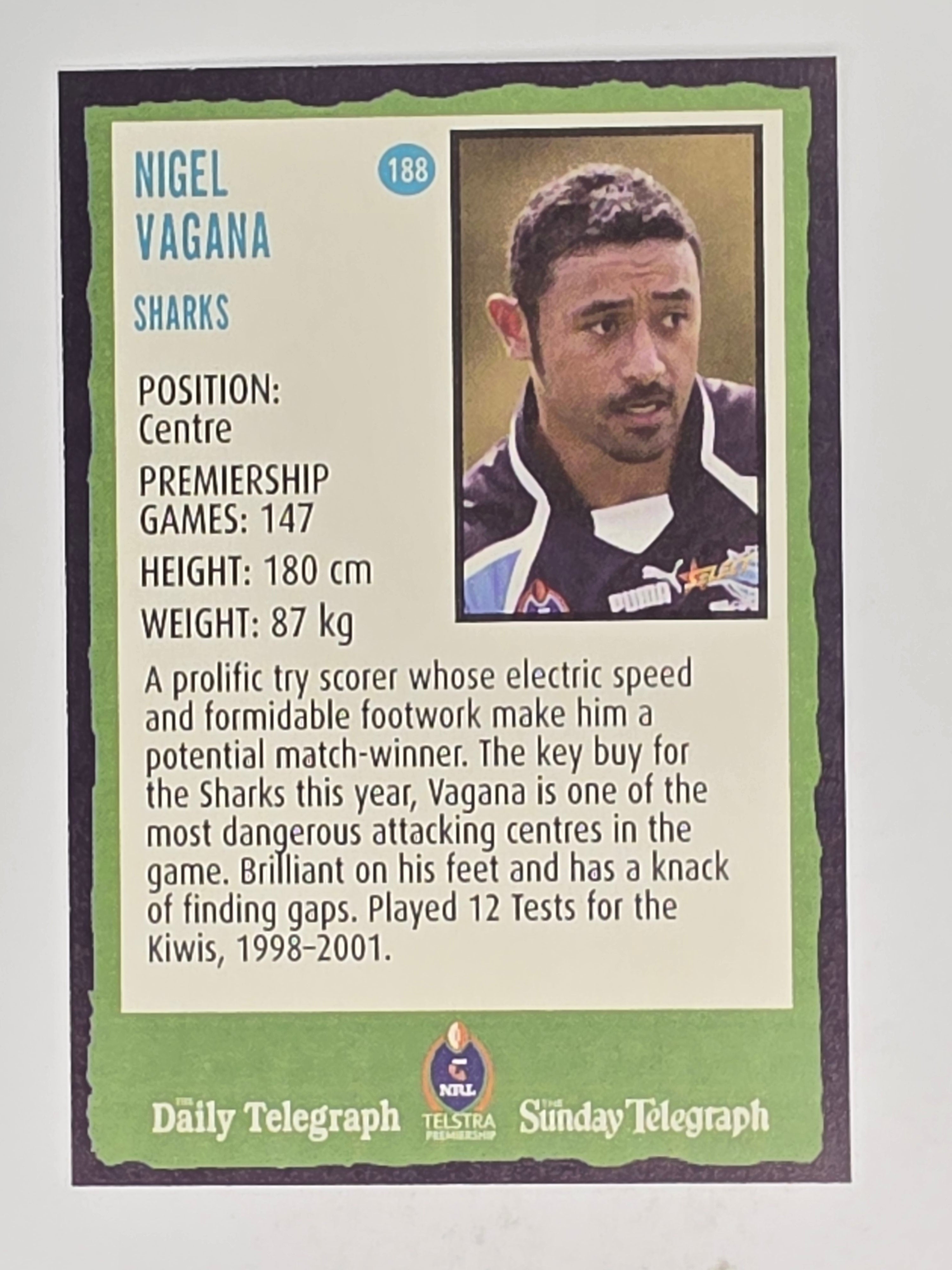 NRL 2004 Daily Telegraph | Base Card #188 | Nigel Vagana | Cronulla Sharks