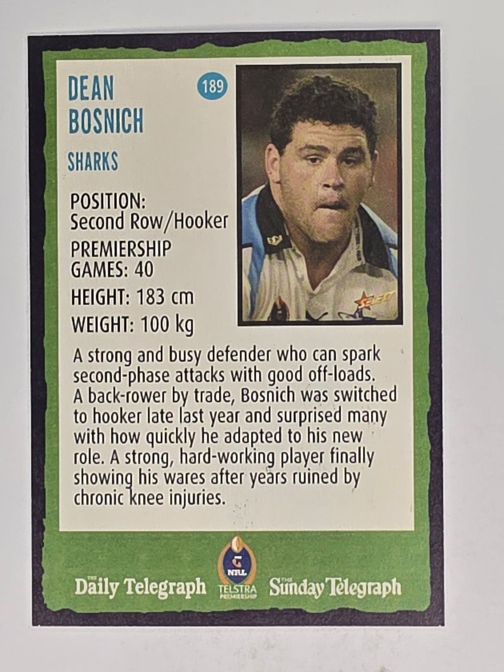 NRL 2004 Daily Telegraph | Base Card #189 | Dean Bosnich | Cronulla Sharks
