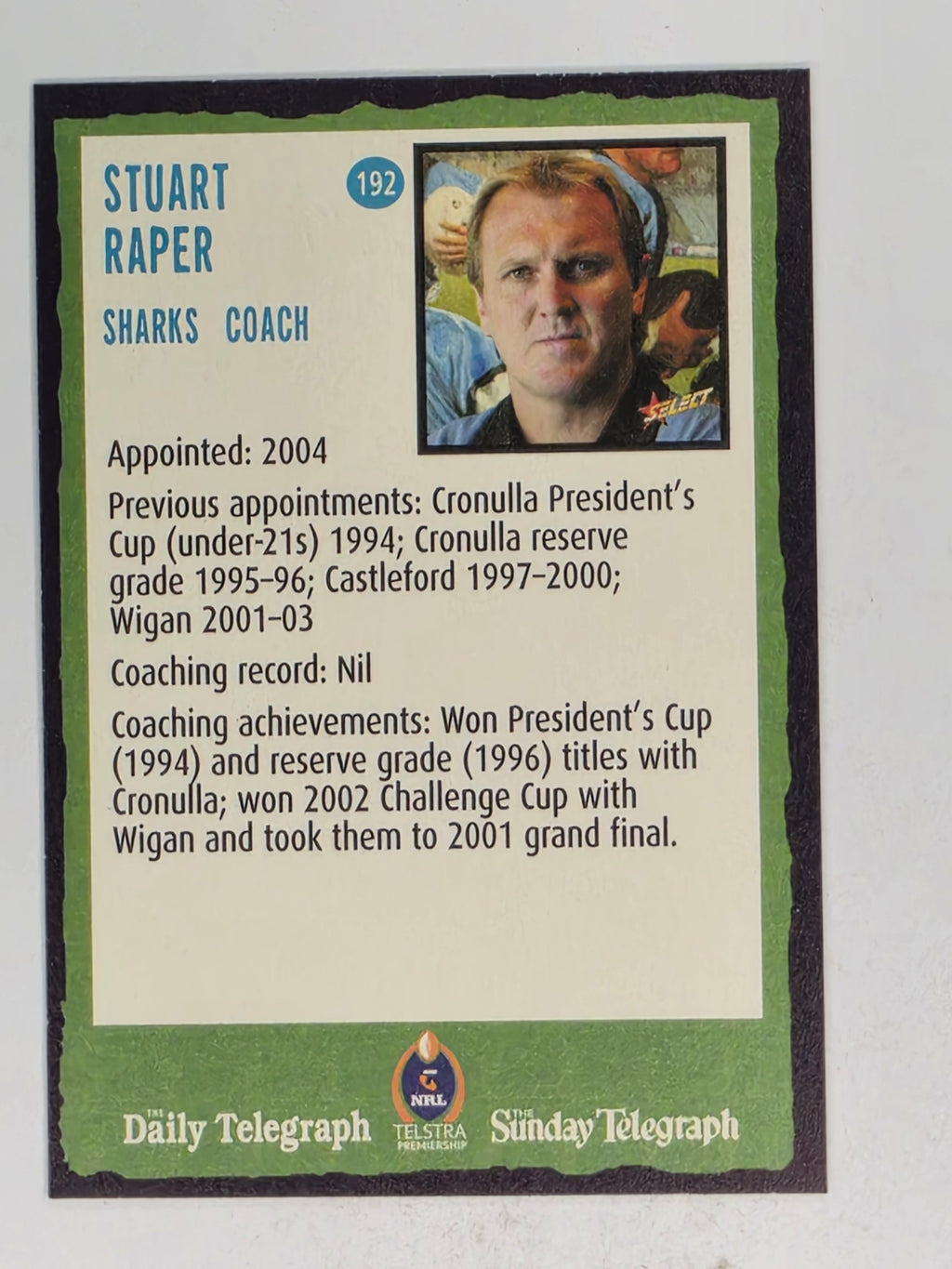 NRL 2004 Daily Telegraph | Base Card #192 | Stuart Raper | Cronulla Sharks