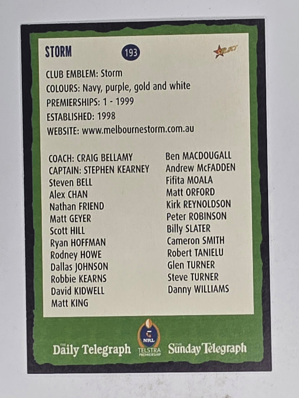 NRL 2004 Daily Telegraph | Base Card #193 | Melbourne Storm Logo