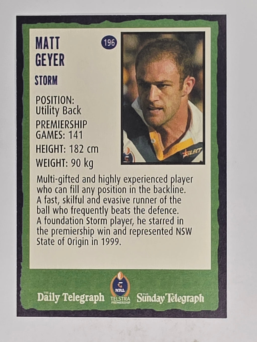 NRL 2004 Daily Telegraph | Base Card #196 | Matt Geyer | Melbourne Storm