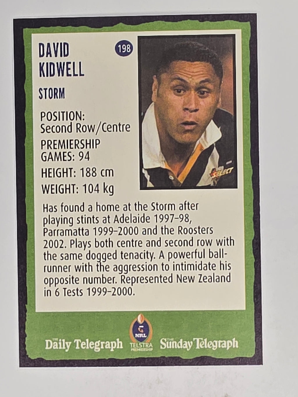 NRL 2004 Daily Telegraph | Base Card #198 | David Kidwell | Melbourne Storm