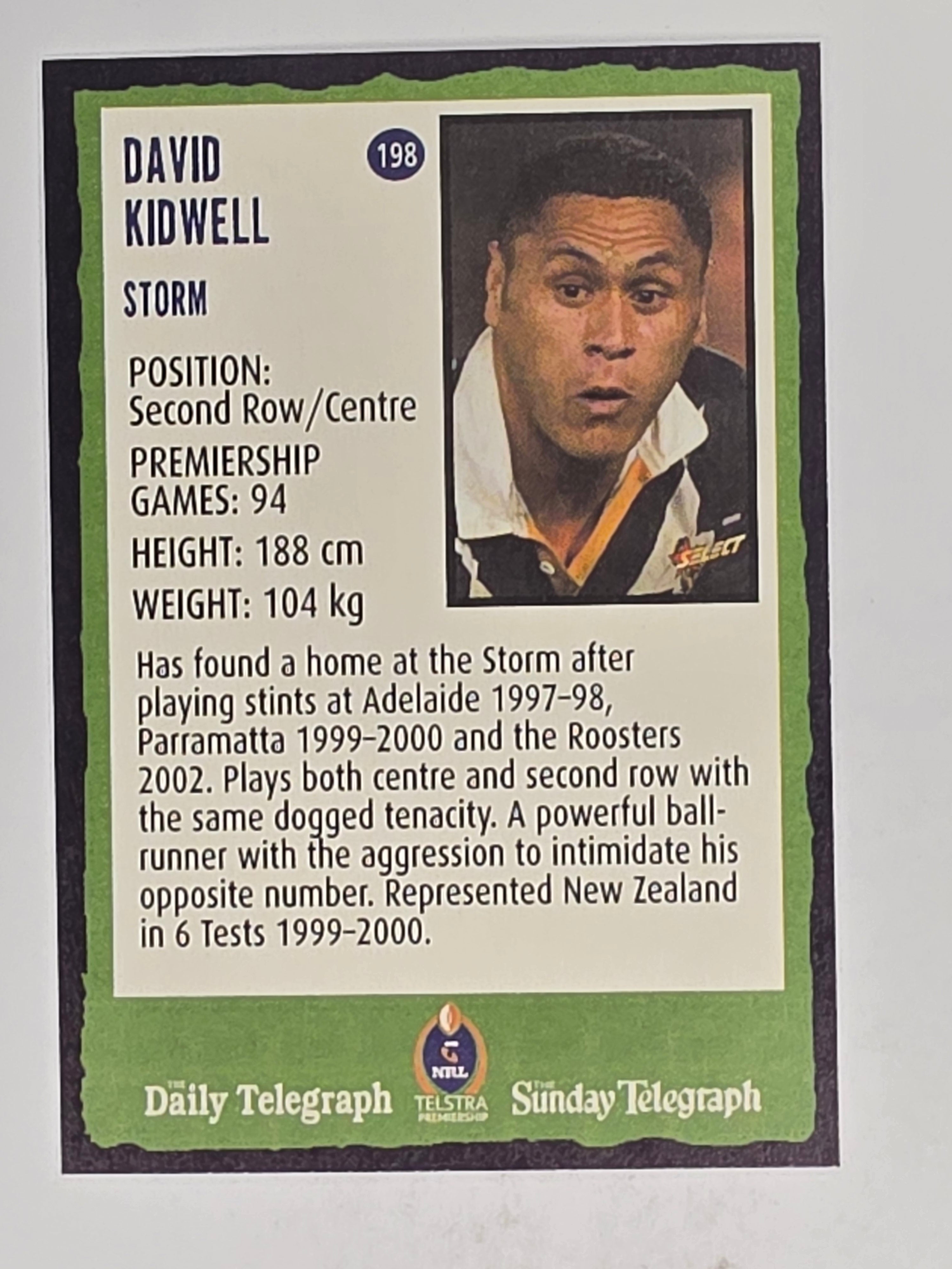 NRL 2004 Daily Telegraph | Base Card #198 | David Kidwell | Melbourne Storm