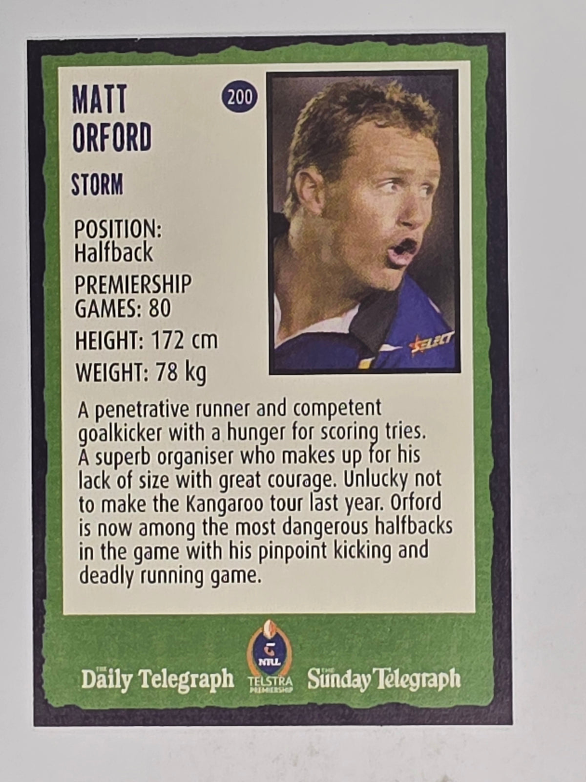 NRL 2004 Daily Telegraph | Base Card #200 | Matt Orford | Melbourne Storm