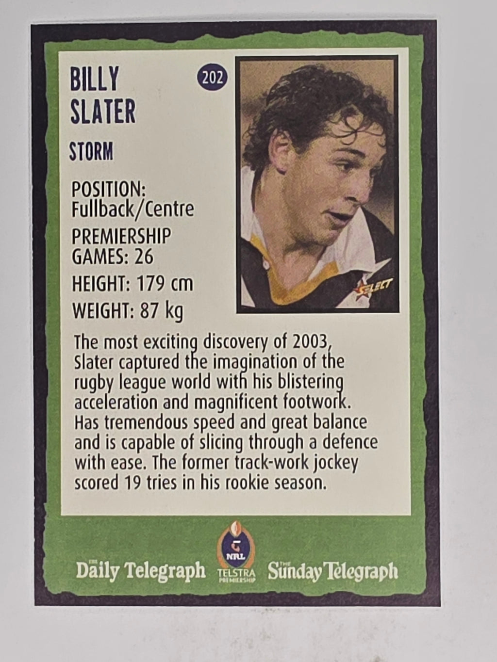 NRL 2004 Daily Telegraph | Base Card #202 | Billy Slater | Melbourne Storm