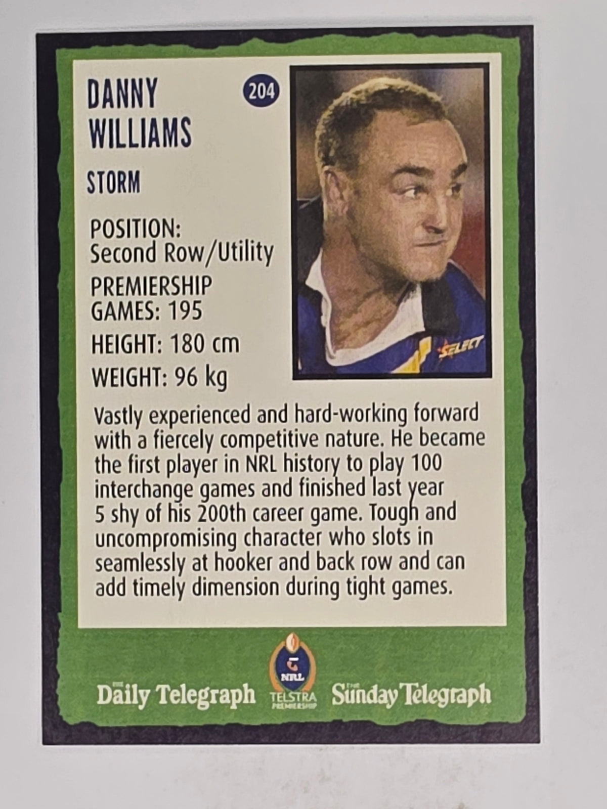 NRL 2004 Daily Telegraph | Base Card #204 | Danny Williams | Melbourne Storm