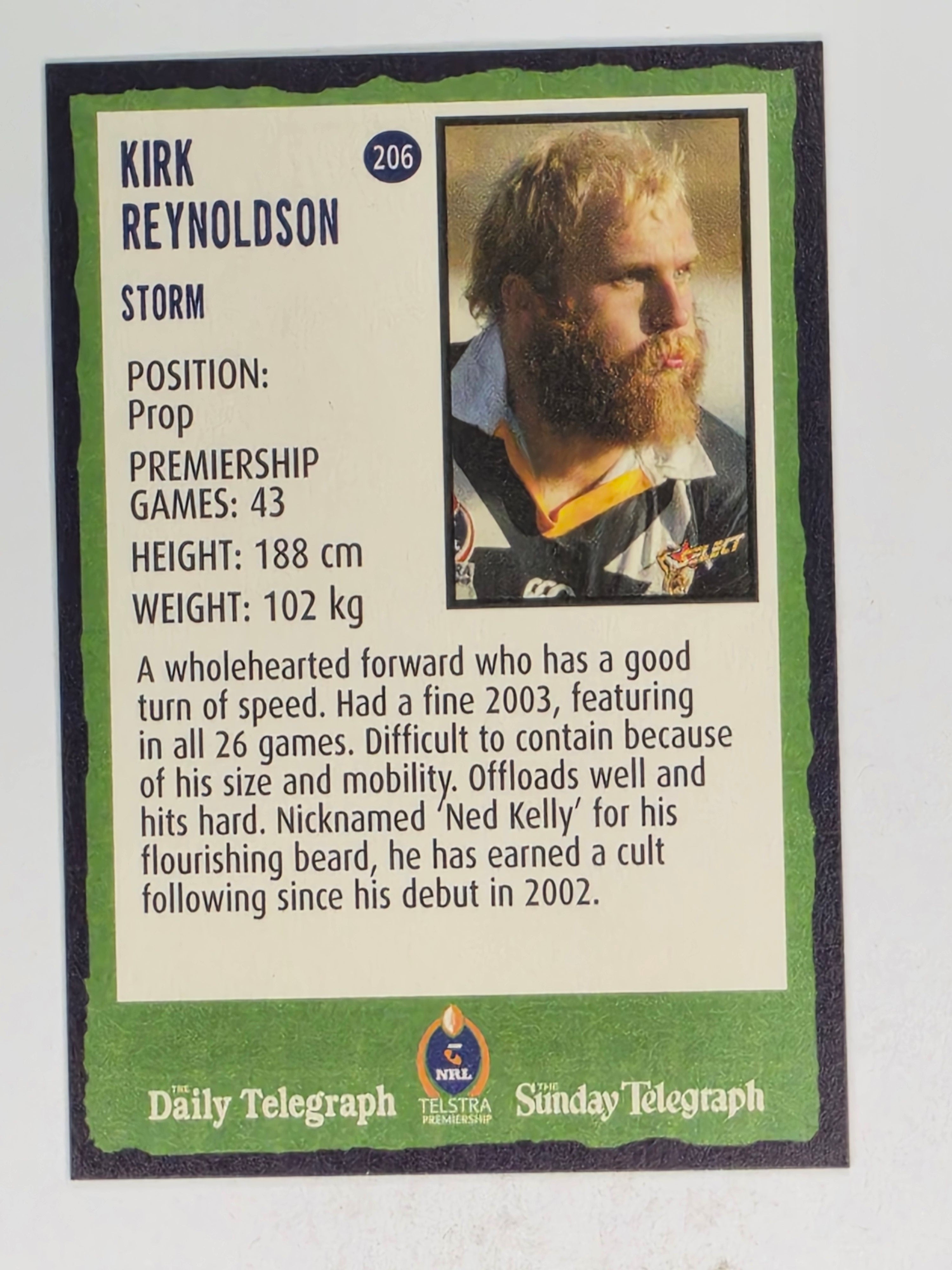 NRL 2004 Daily Telegraph | Base Card #206 | Kirk Reynoldson | Melbourne Storm