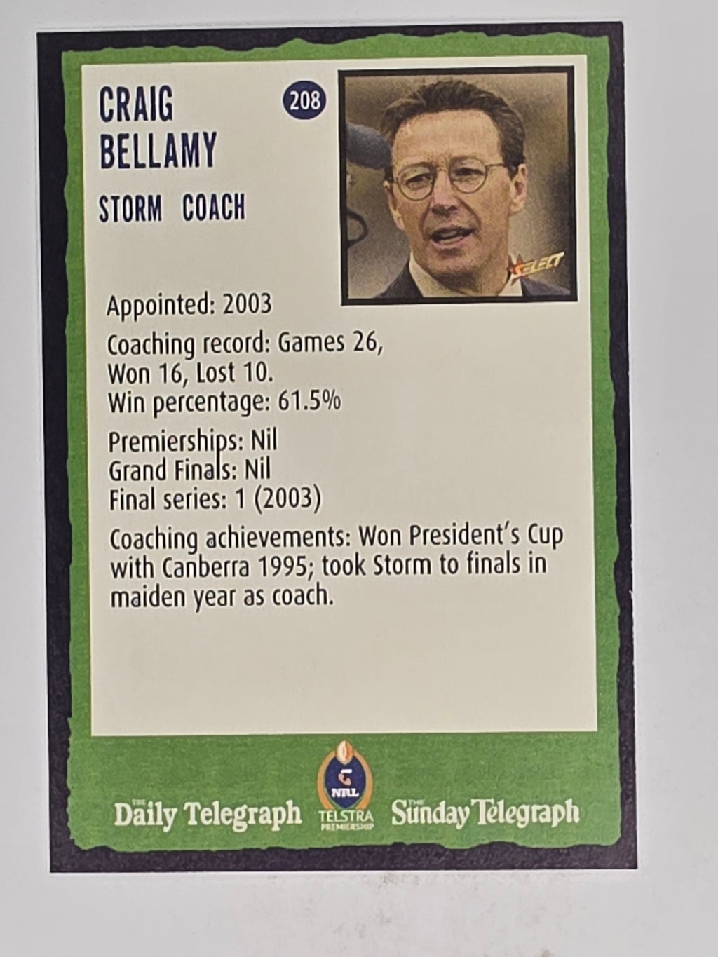 NRL 2004 Daily Telegraph | Base Card #208 | Craig Bellamy | Melbourne Storm