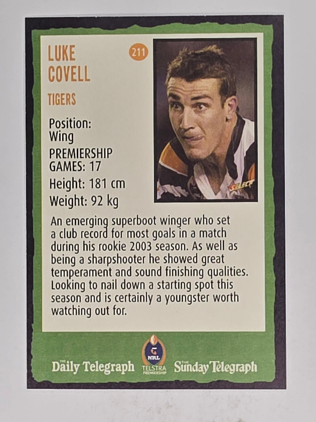 NRL 2004 Daily Telegraph | Base Card #211 | Luke Covell | Wests Tigers