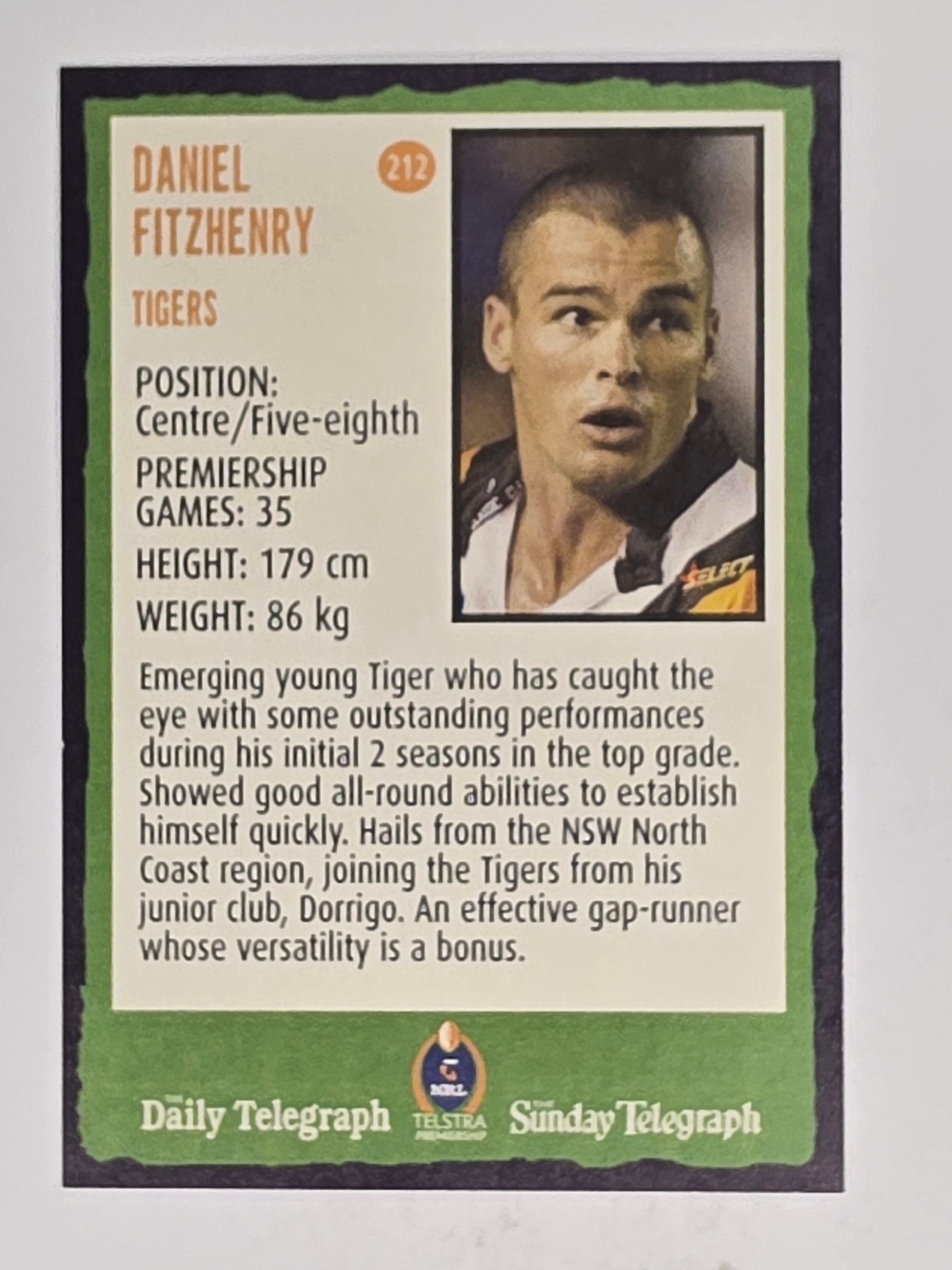 NRL 2004 Daily Telegraph | Base Card #212 | Daniel Fitzhenry | Wests Tigers