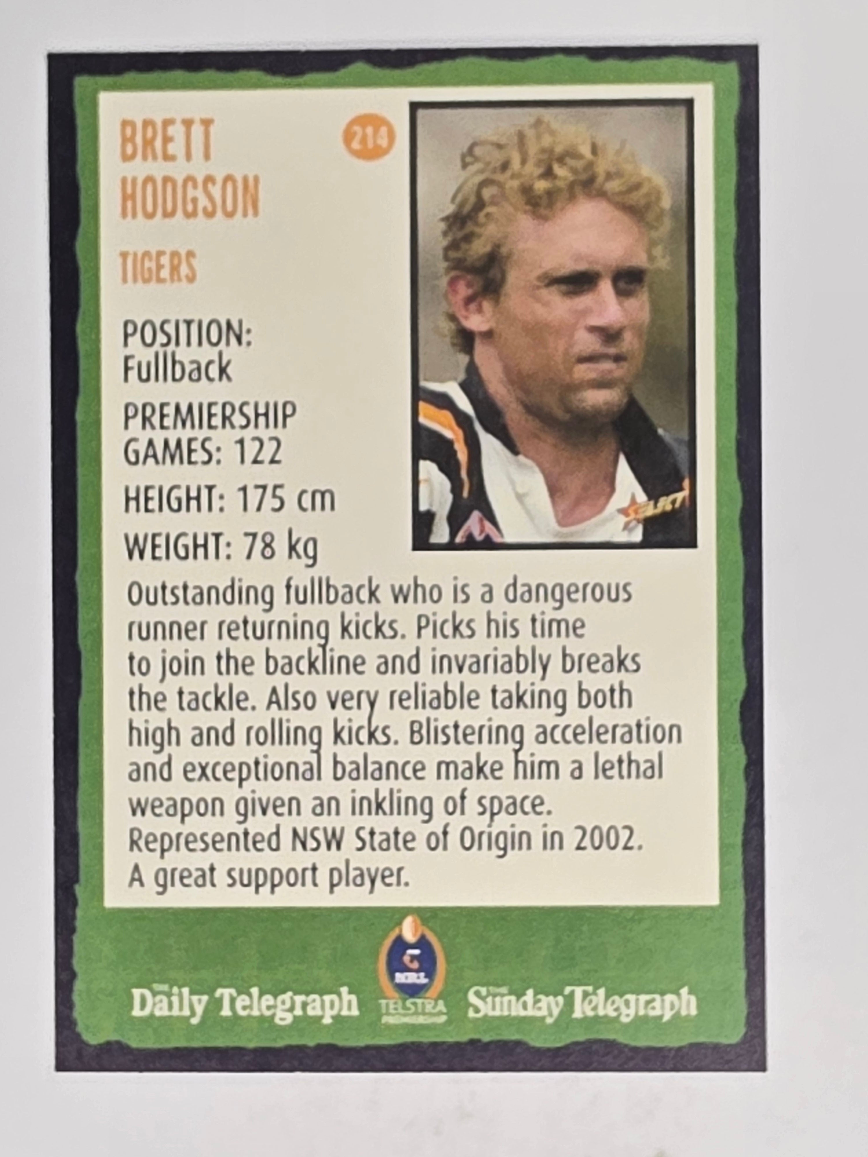 NRL 2004 Daily Telegraph | Base Card #214 | Brett Hodgson | Wests Tigers
