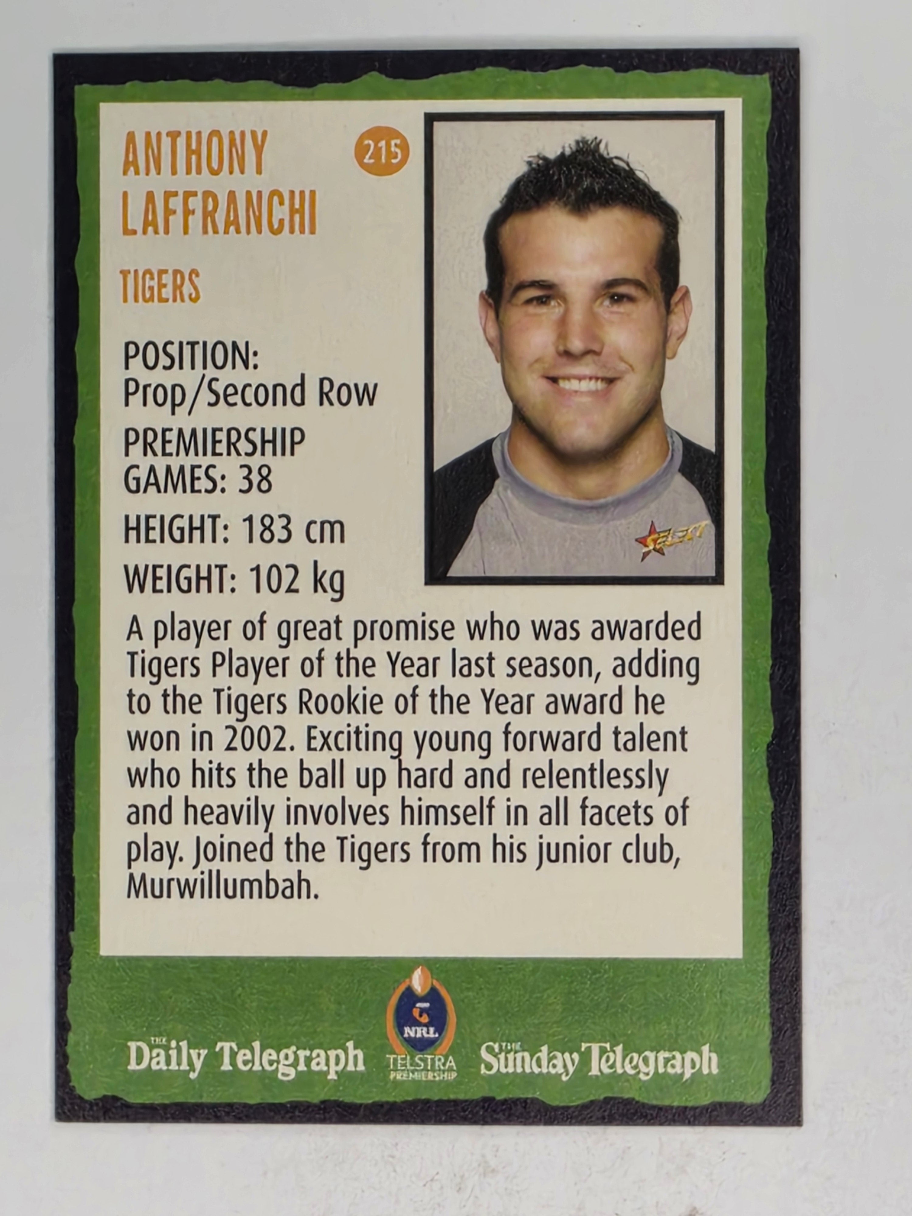NRL 2004 Daily Telegraph | Base Card #215 | Anthony Laffranchi | Wests Tigers
