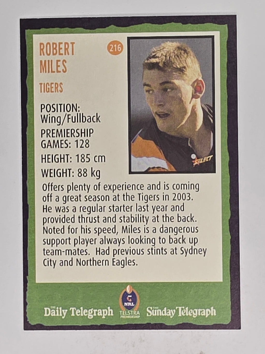 NRL 2004 Daily Telegraph | Base Card #216 | Robert Miles | Wests Tigers