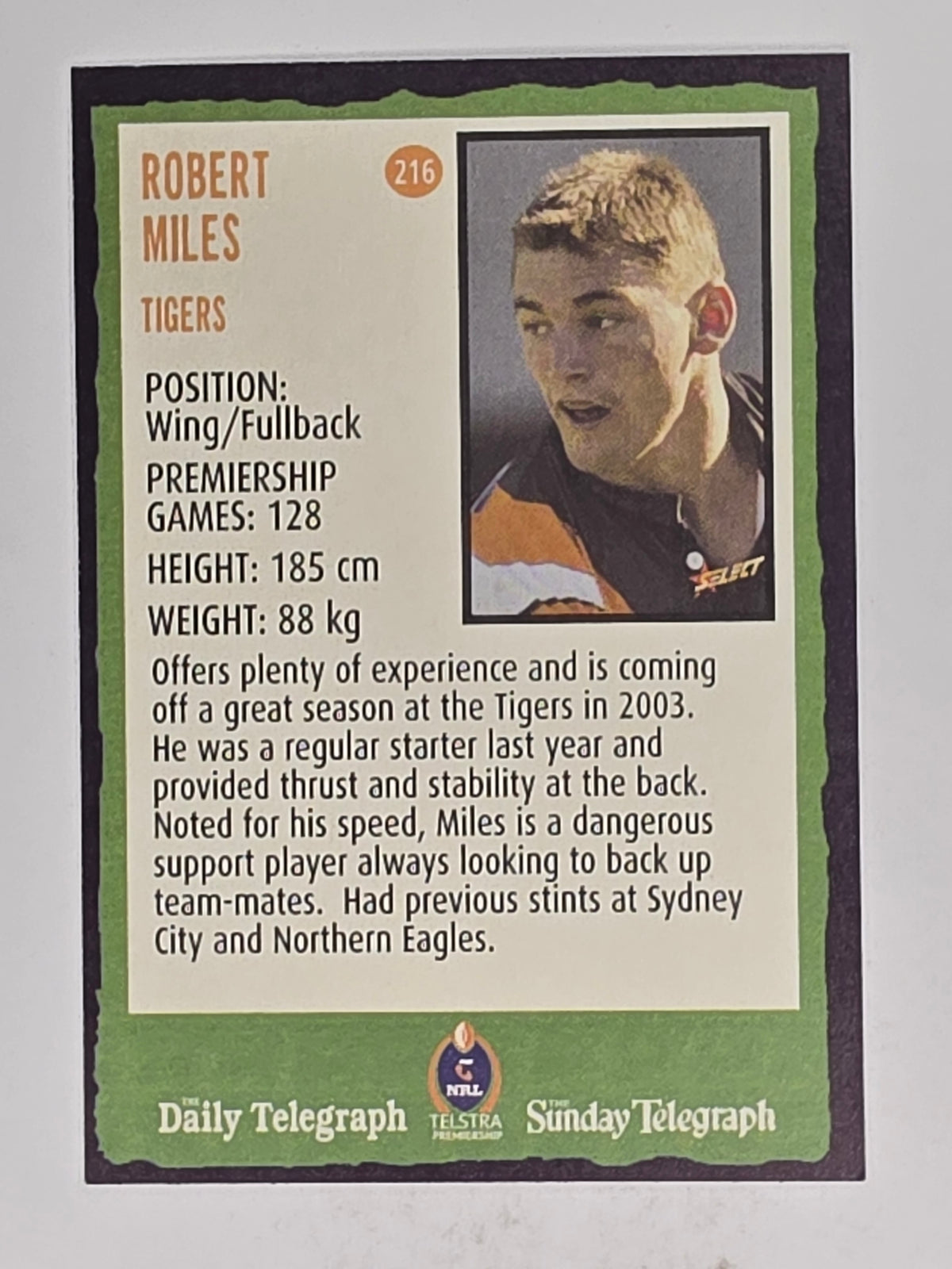 NRL 2004 Daily Telegraph | Base Card #216 | Robert Miles | Wests Tigers