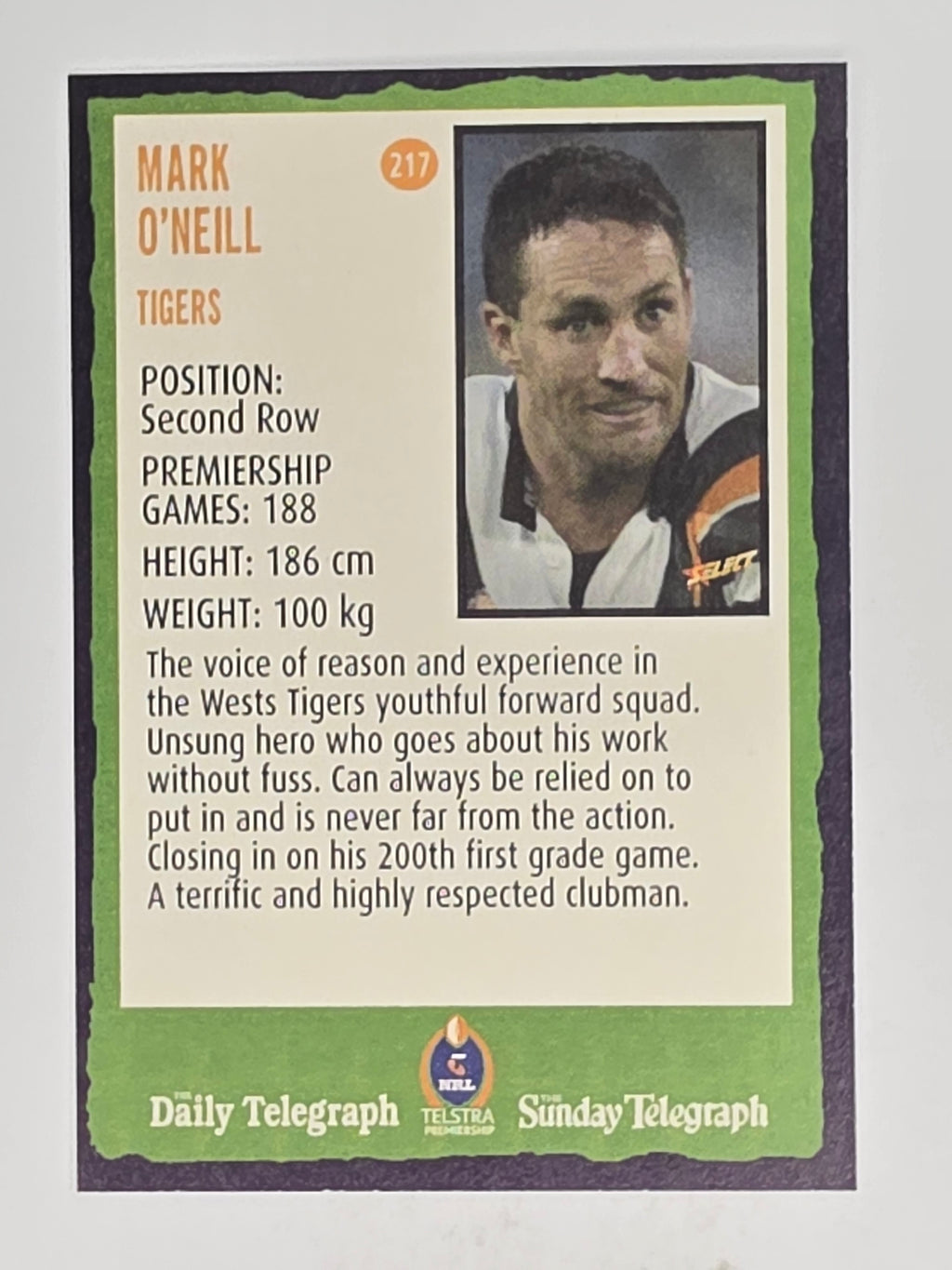 NRL 2004 Daily Telegraph | Base Card #217 | Mark O'Neill | West Tigers