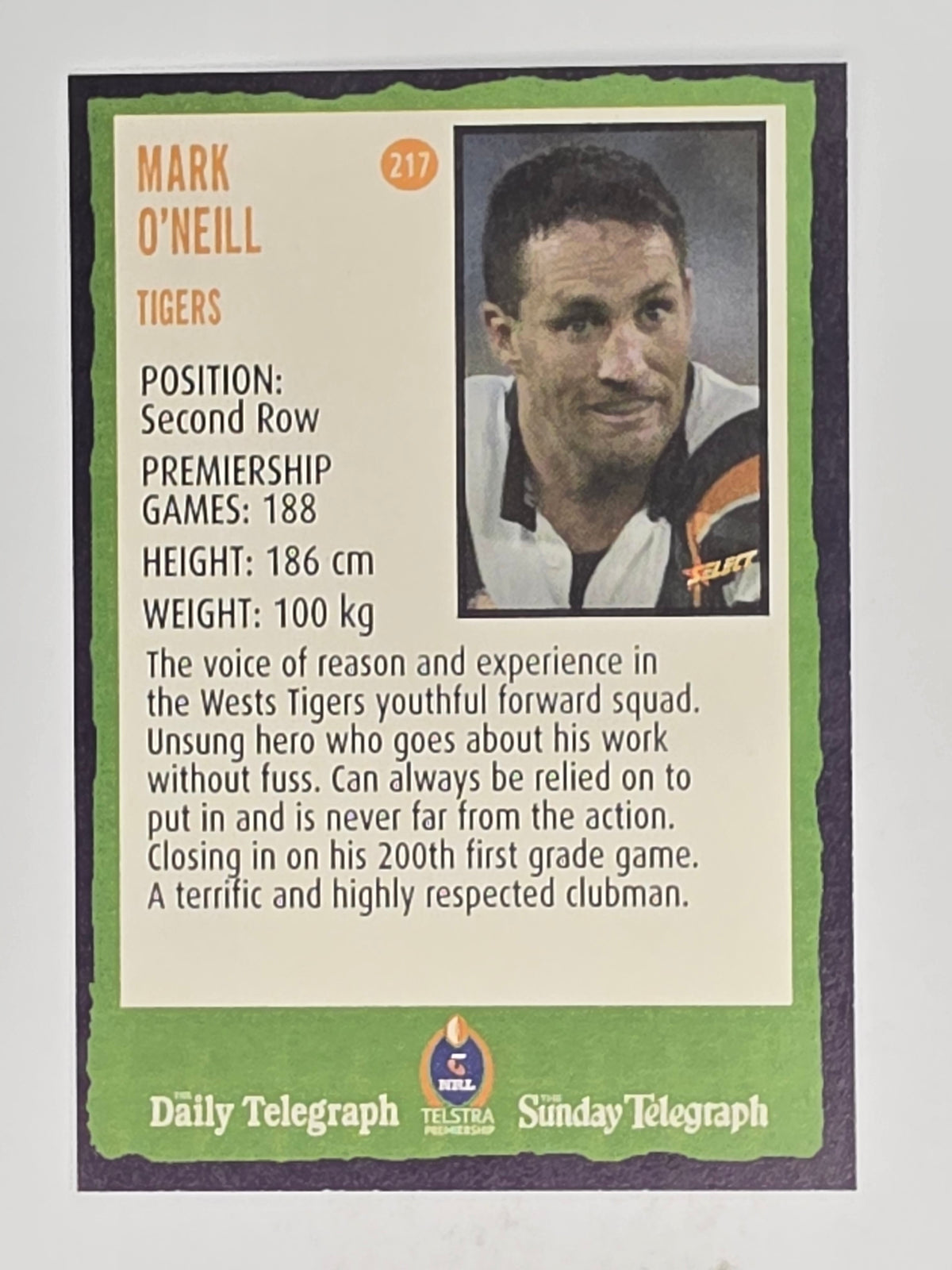 NRL 2004 Daily Telegraph | Base Card #217 | Mark O'Neill | West Tigers