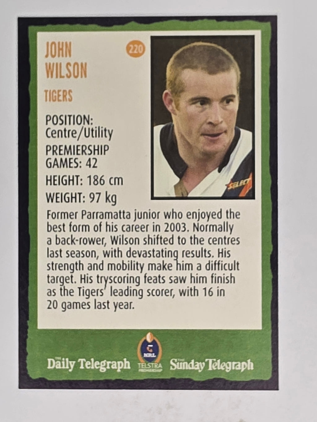 NRL 2004 Daily Telegraph | Base Card #220 | John Wilson | Wests Tigers