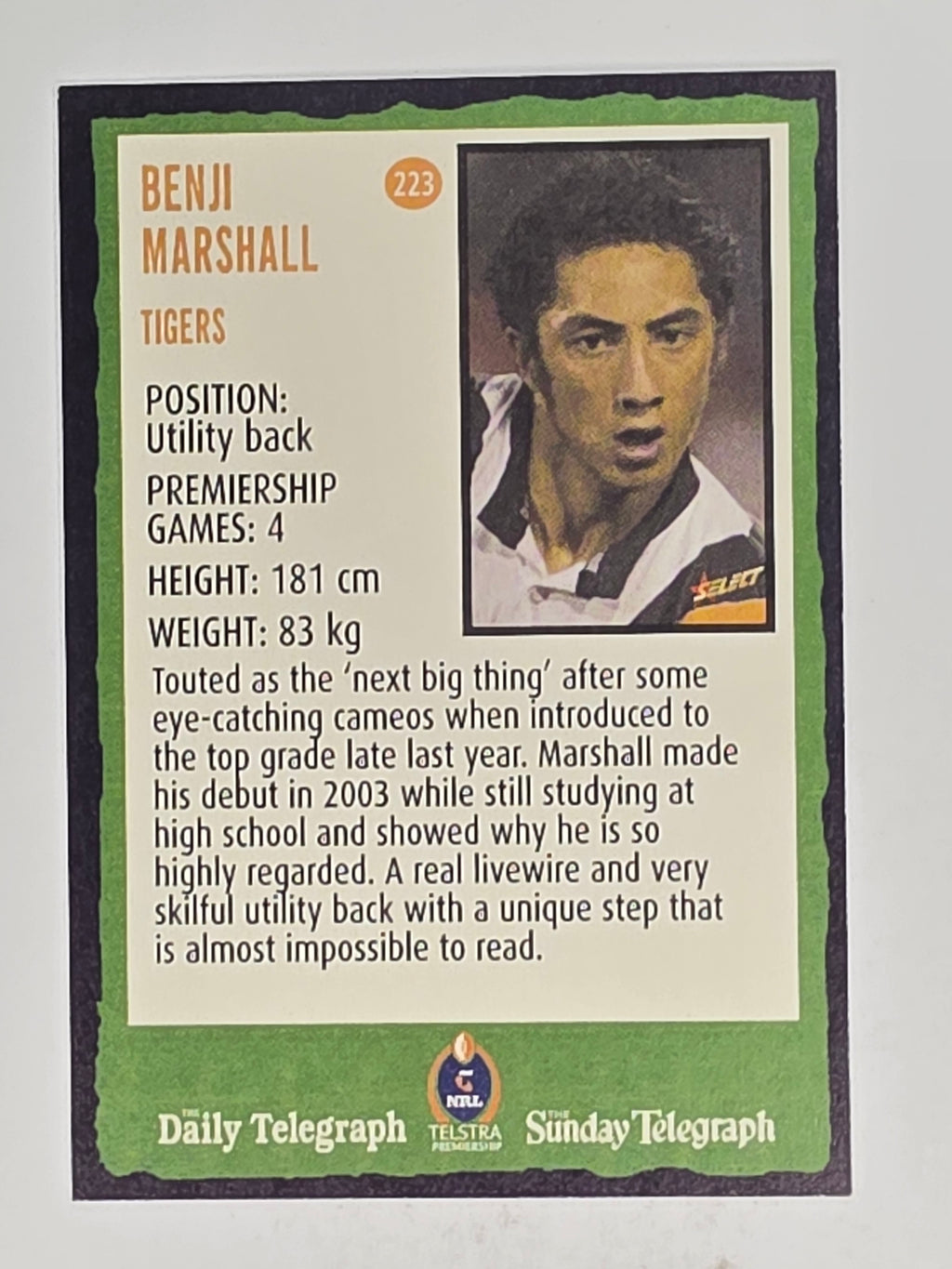NRL 2004 Daily Telegraph | Base Card #223 | Benji Marshall | Wests Tigers