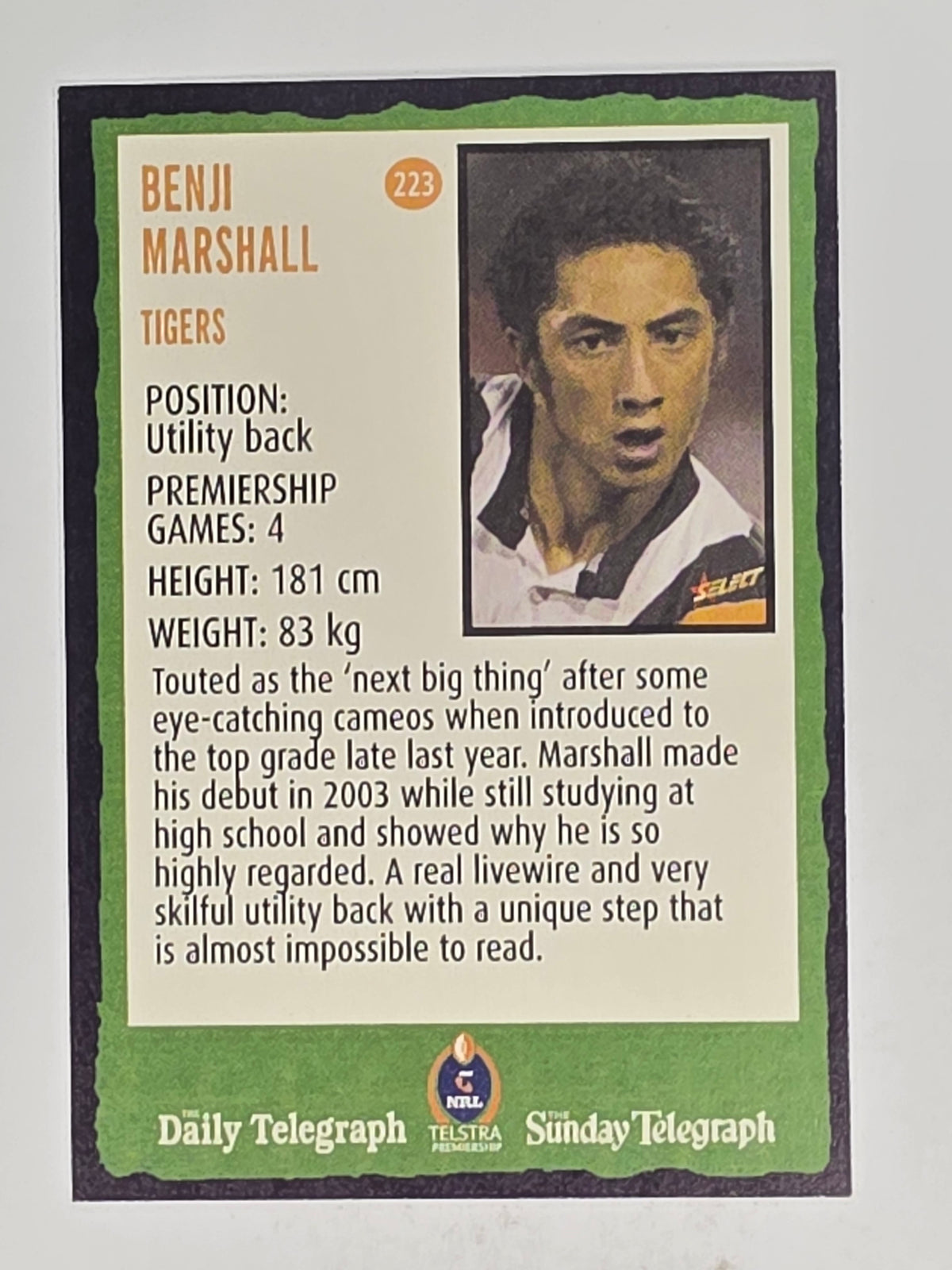 NRL 2004 Daily Telegraph | Base Card #223 | Benji Marshall | Wests Tigers