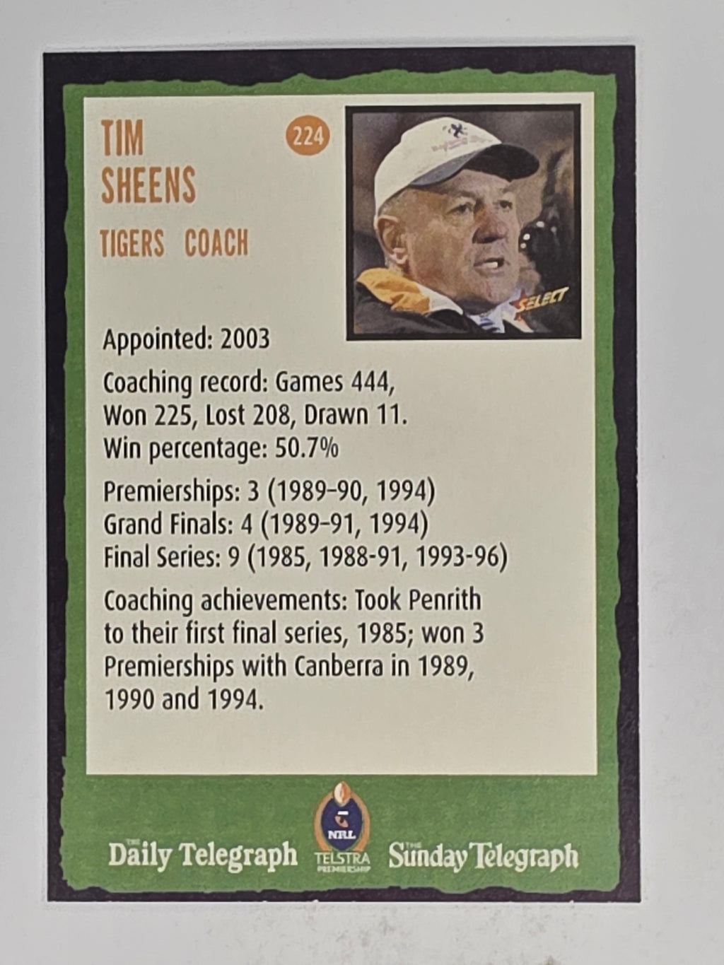 NRL 2004 Daily Telegraph | Base Card #224 | Tim Sheens | Wests Tigers