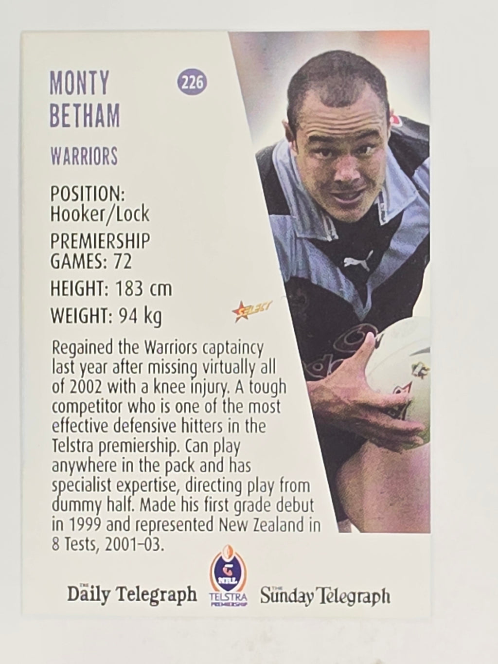 NRL 2004 Daily Telegraph | Base Card #226 | Monty Betham | Warriors