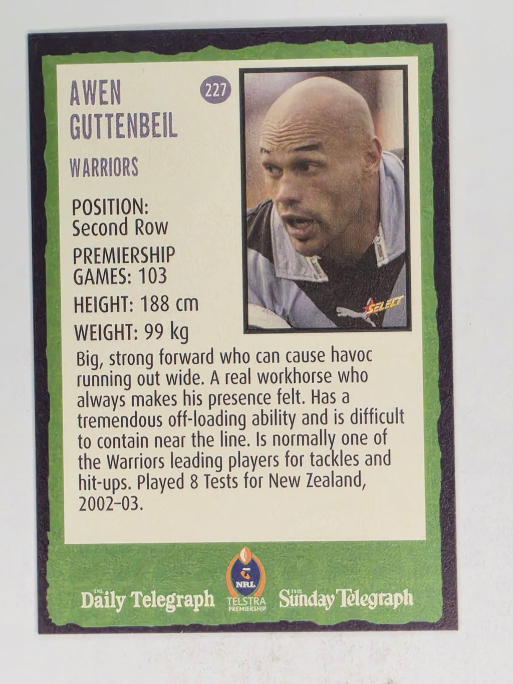 NRL 2004 Daily Telegraph | Base Card #227 | Awen Guttenbeil | Warriors