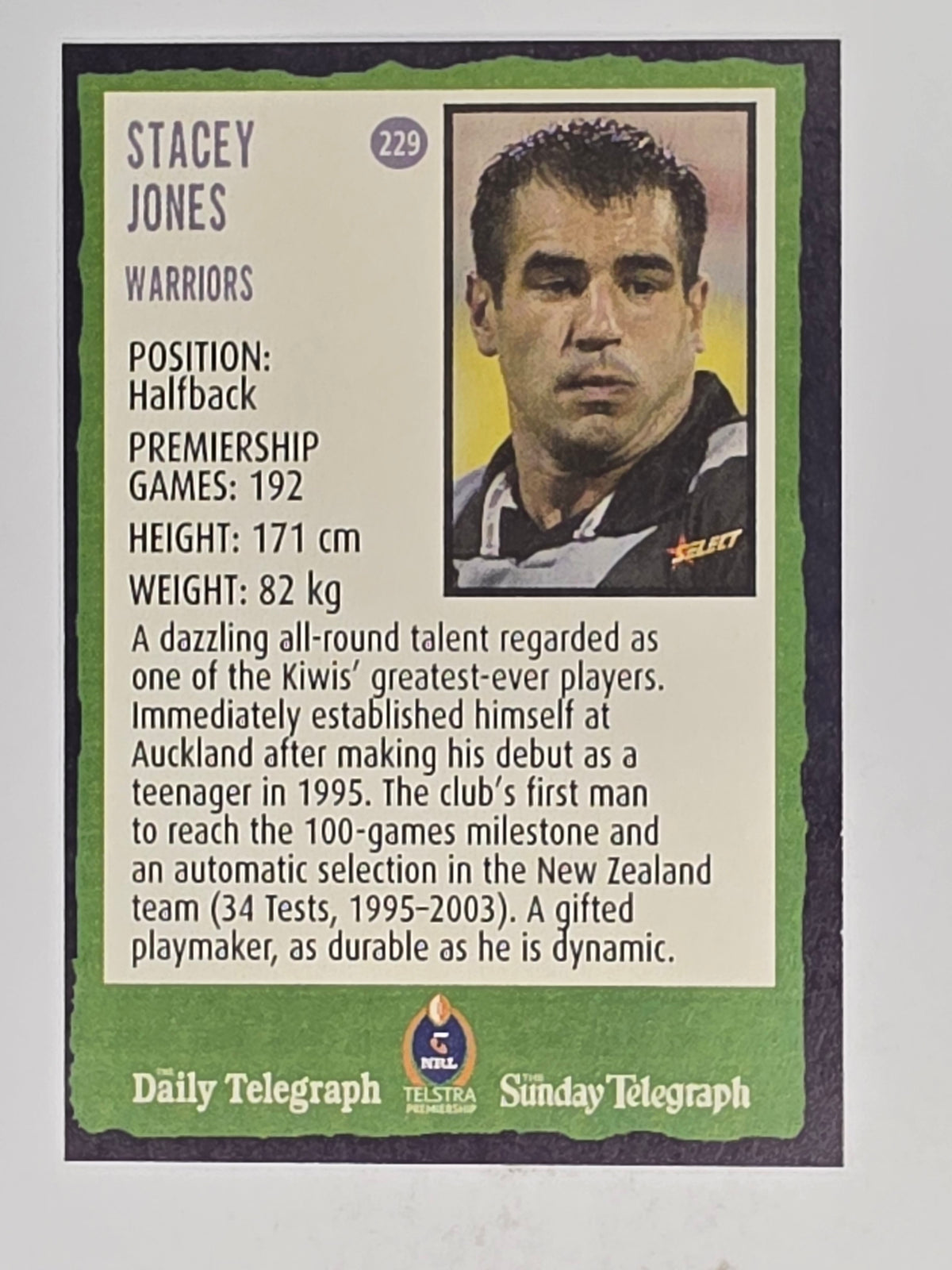 NRL 2004 Daily Telegraph | Base Card #229 | Stacey Jones | Warriors