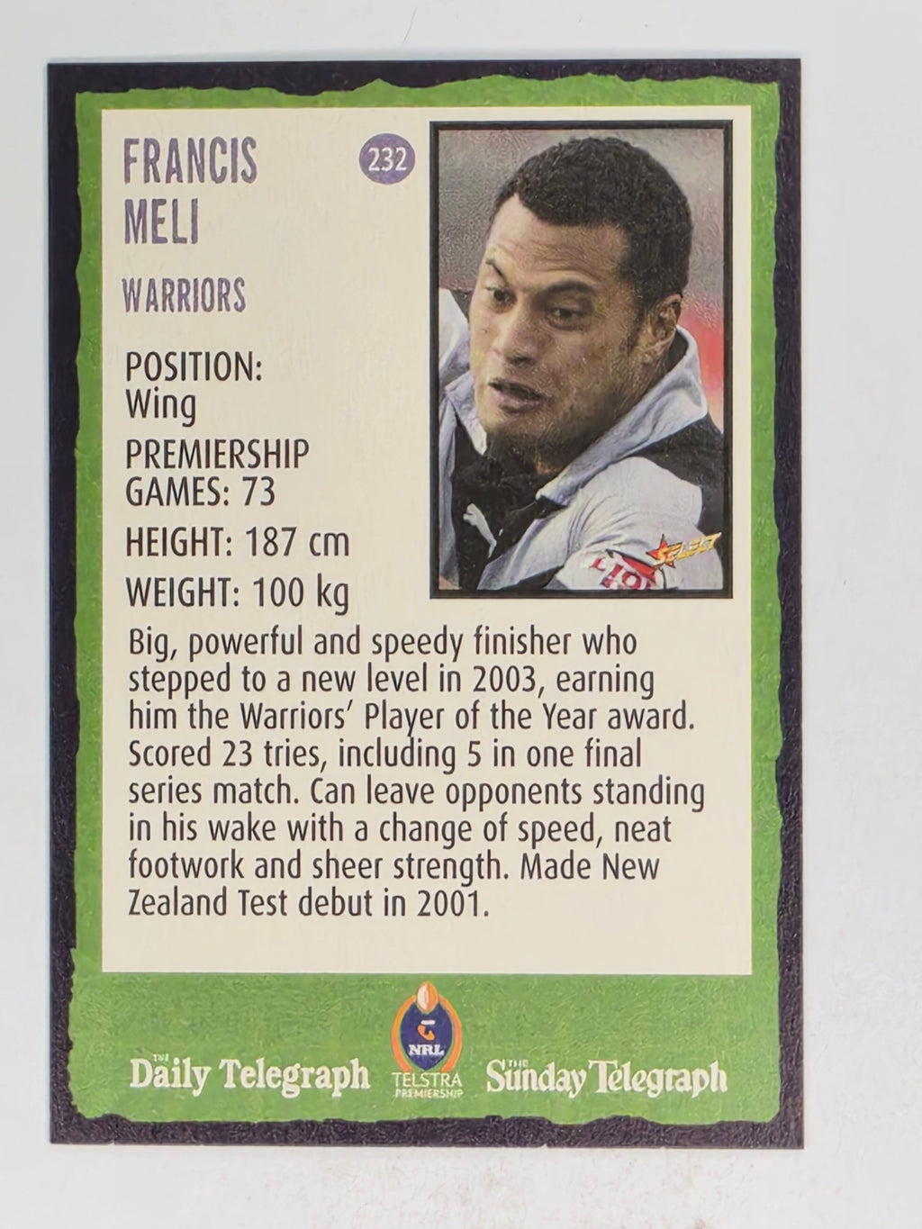 NRL 2004 Daily Telegraph | Base Card #232 | Francis Meli | Warriors
