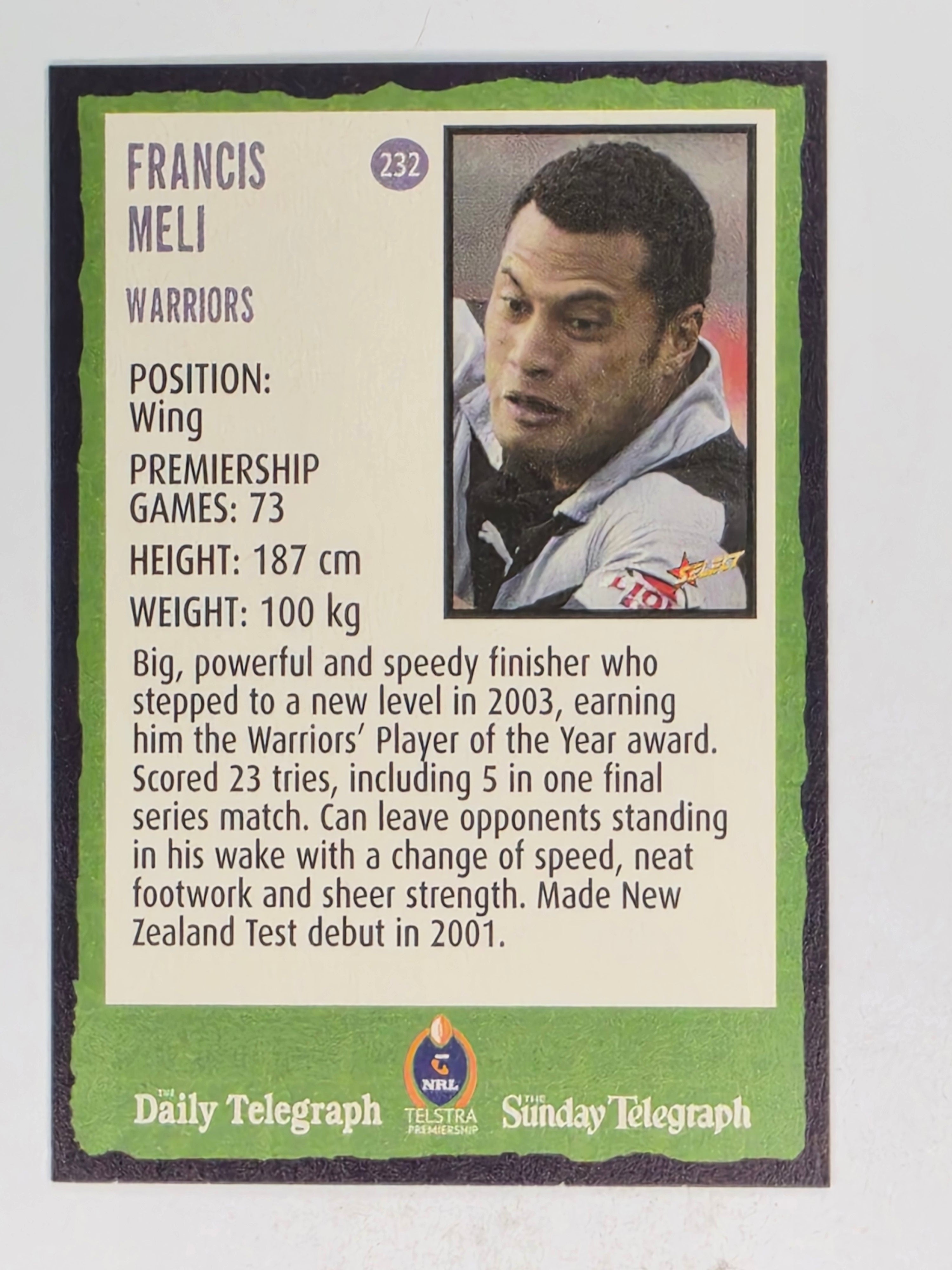 NRL 2004 Daily Telegraph | Base Card #232 | Francis Meli | Warriors