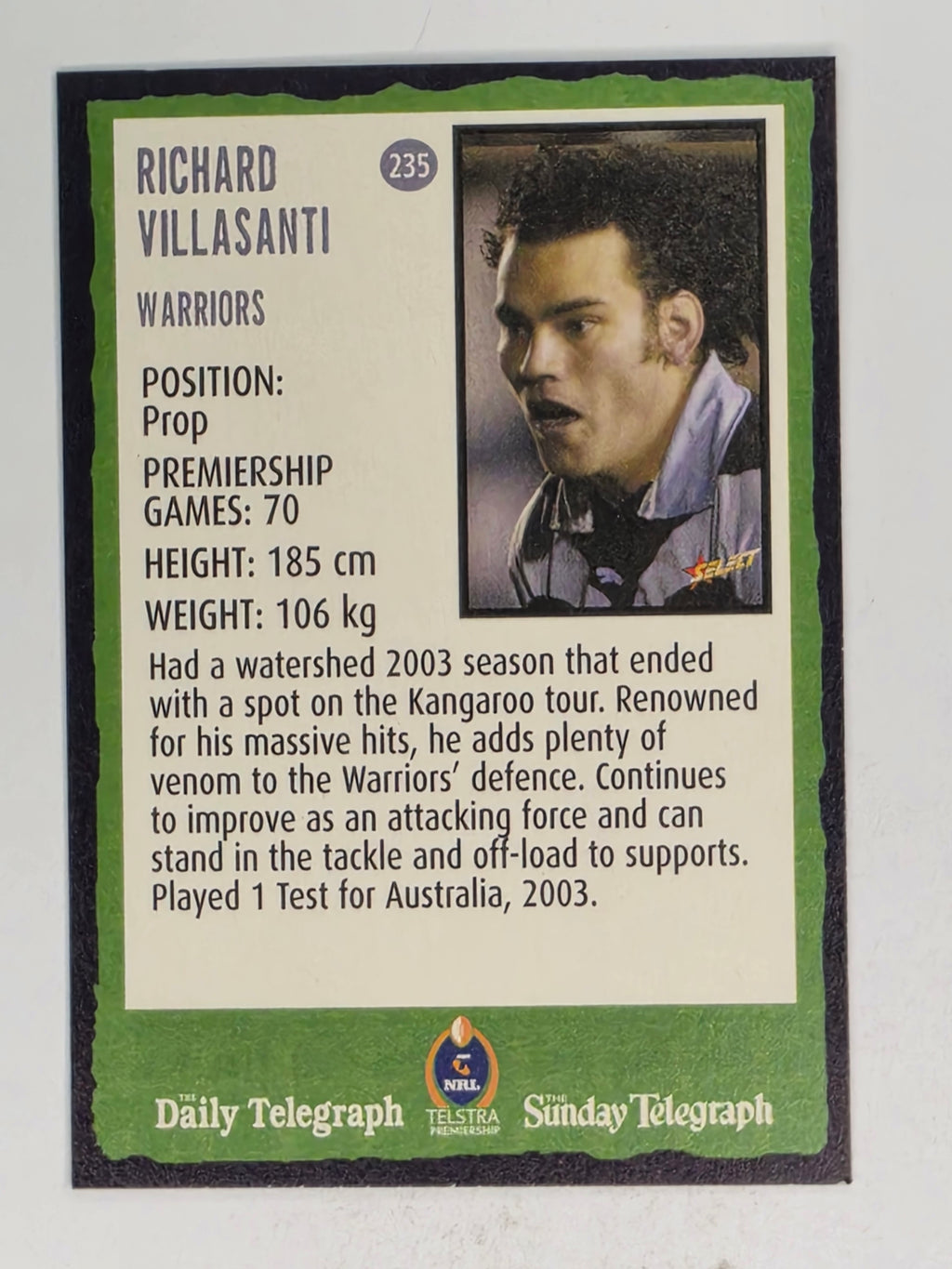 NRL 2004 Daily Telegraph | Base Card #235 | Richard Villasanti | Warriors