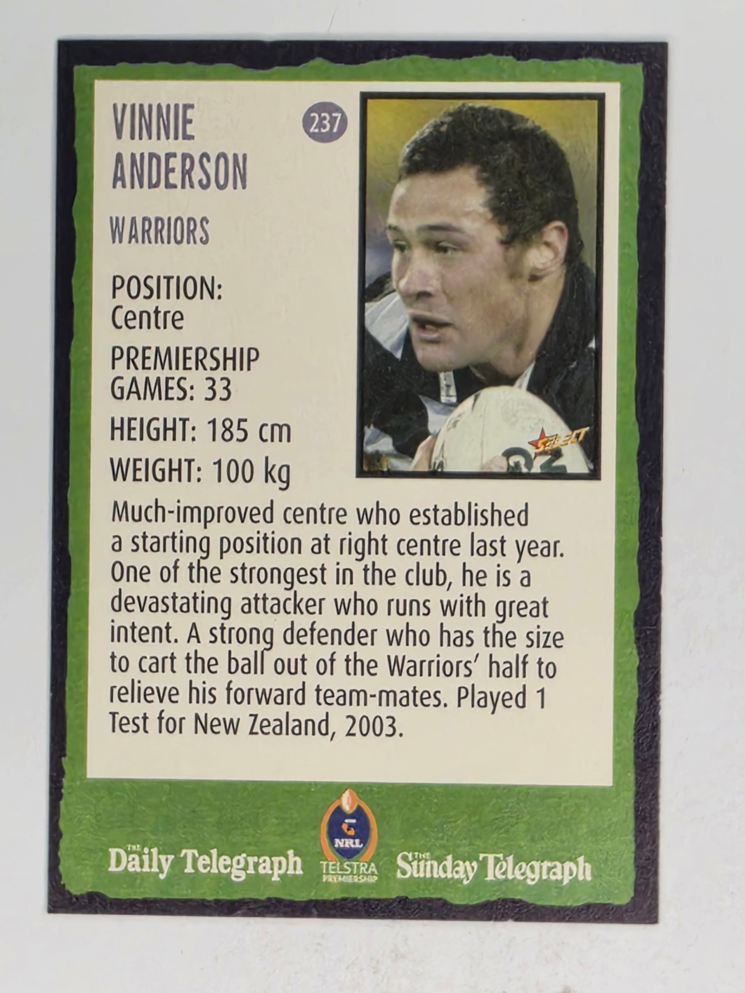 NRL 2004 Daily Telegraph | Base Card #237 | Vinnie Anderson | Warriors