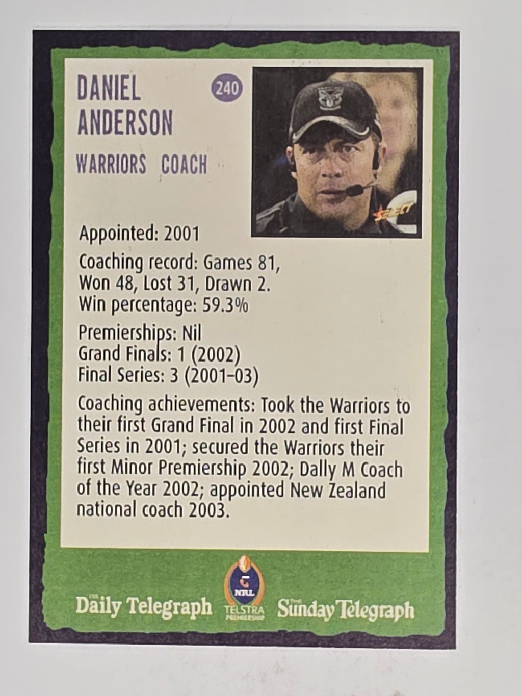 NRL 2004 Daily Telegraph | Base Card #240 | Daniel Anderson | Warriors
